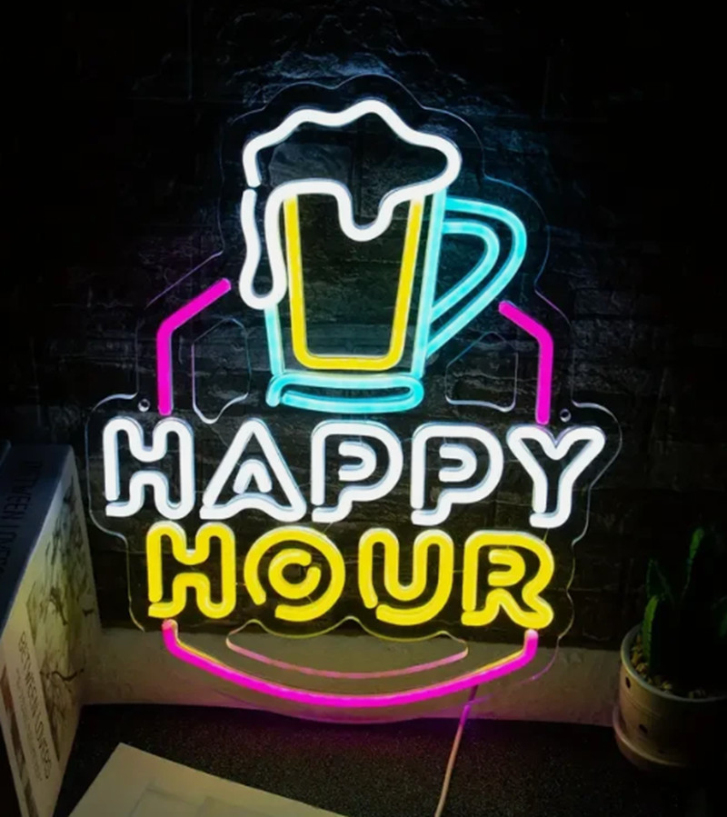 20" Happy Hour Beer Mugs Cheers LED Neon Sign With Dimmer USB Powered Light