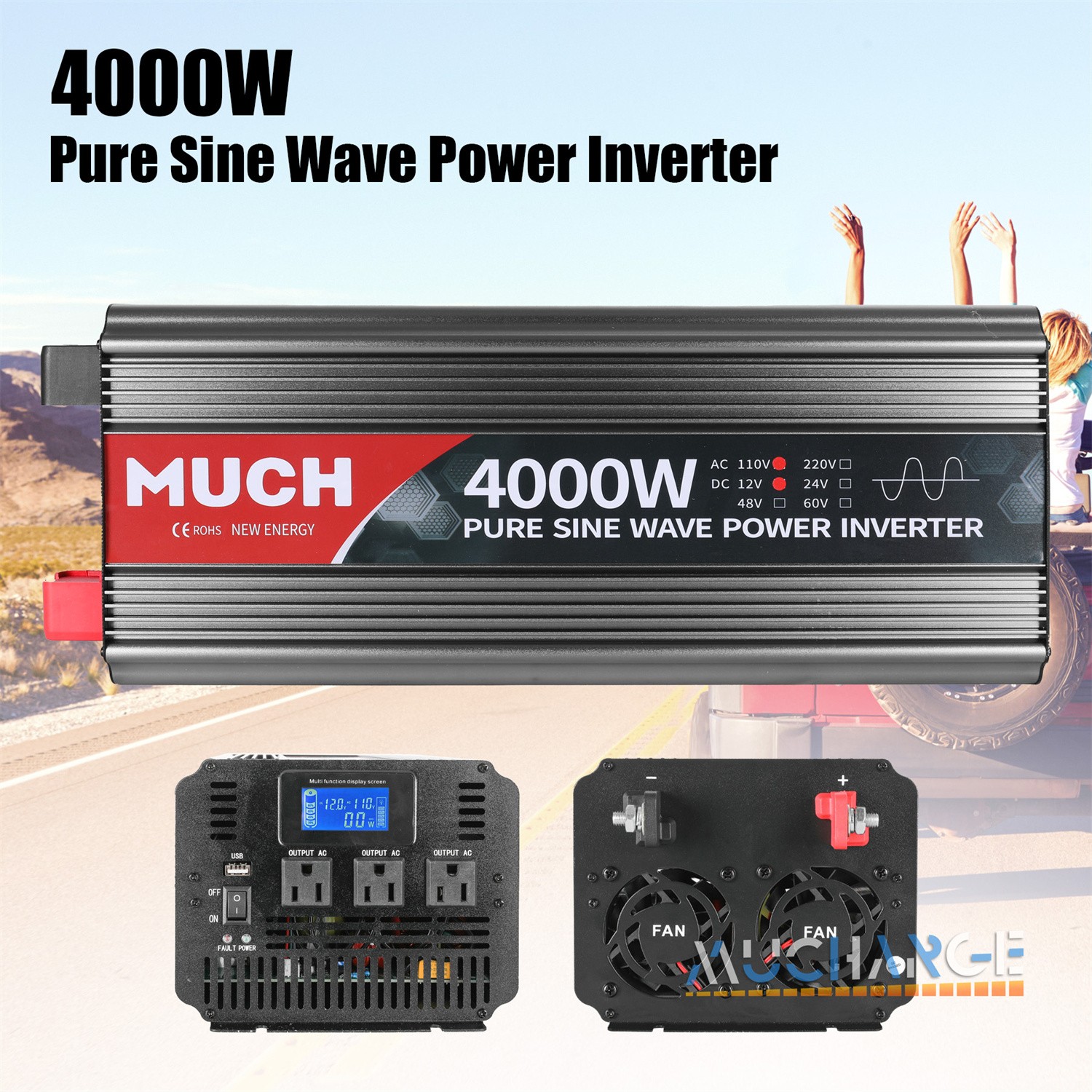 3000/4000W Pure Sine Wave Power Inverters LCD DC 12V to AC 110V RV Camp Outdoor