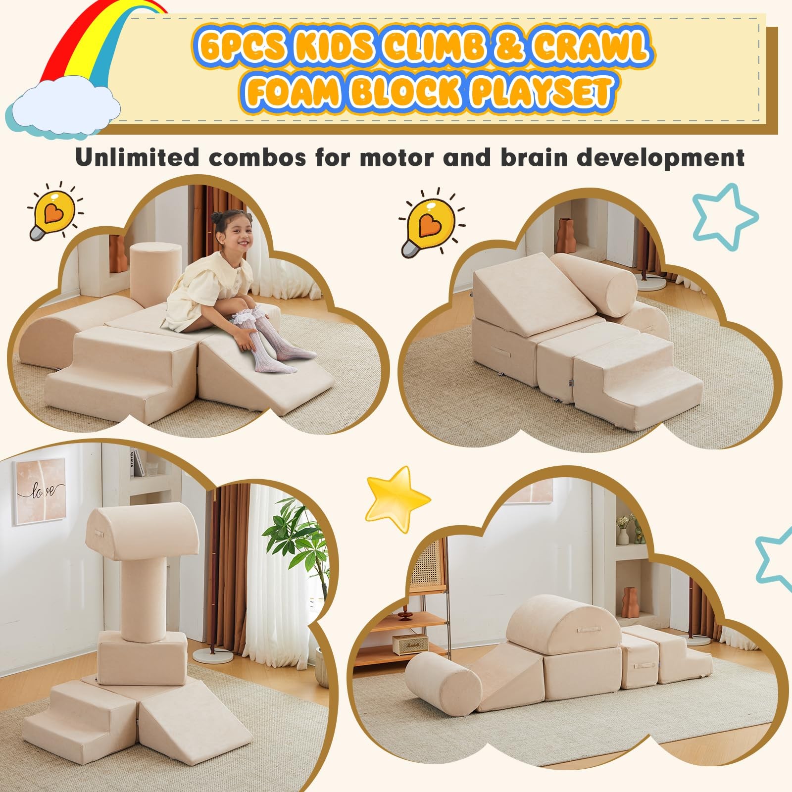 Foam Climbing Blocks 6Pcs Soft Play Equipment Luxury Miss Fabric Climbing Toy...