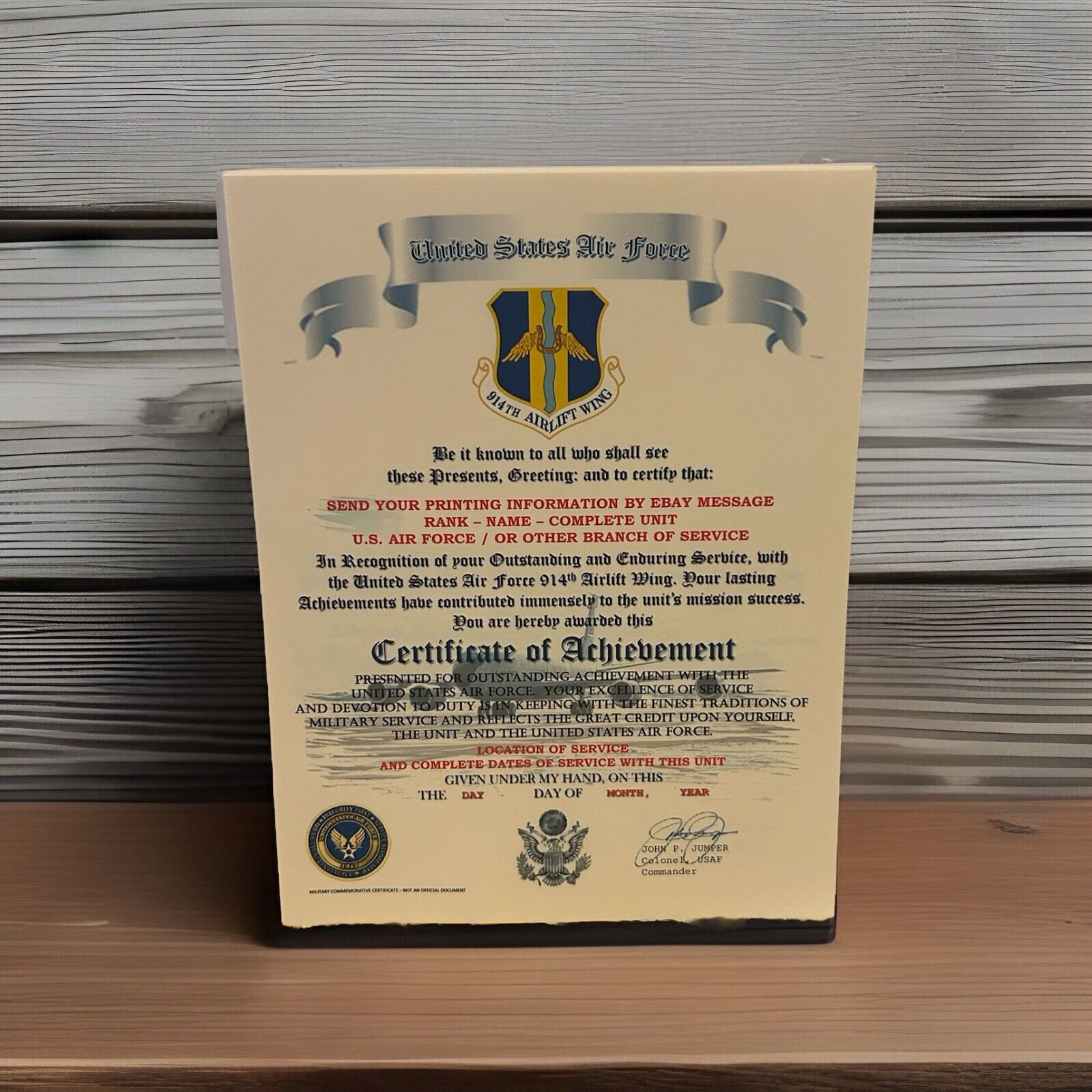 U.S.A.F. / AIR FORCE 914TH AIRLIFT WING - CERTIFICATE OF ACHIEVEMENT