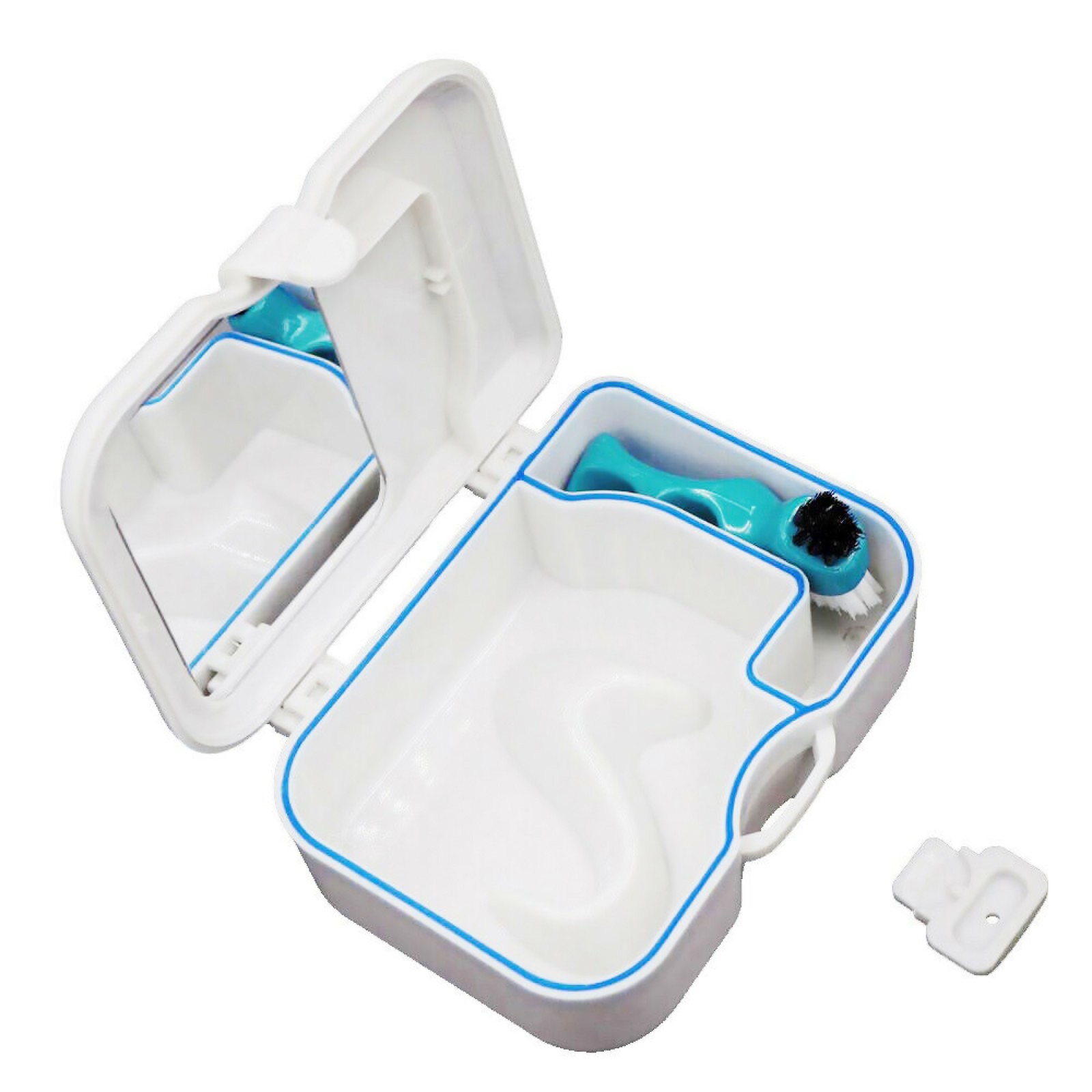 Portable Dental Denture Storage Box False Teeth Case Container with Mirror Brush