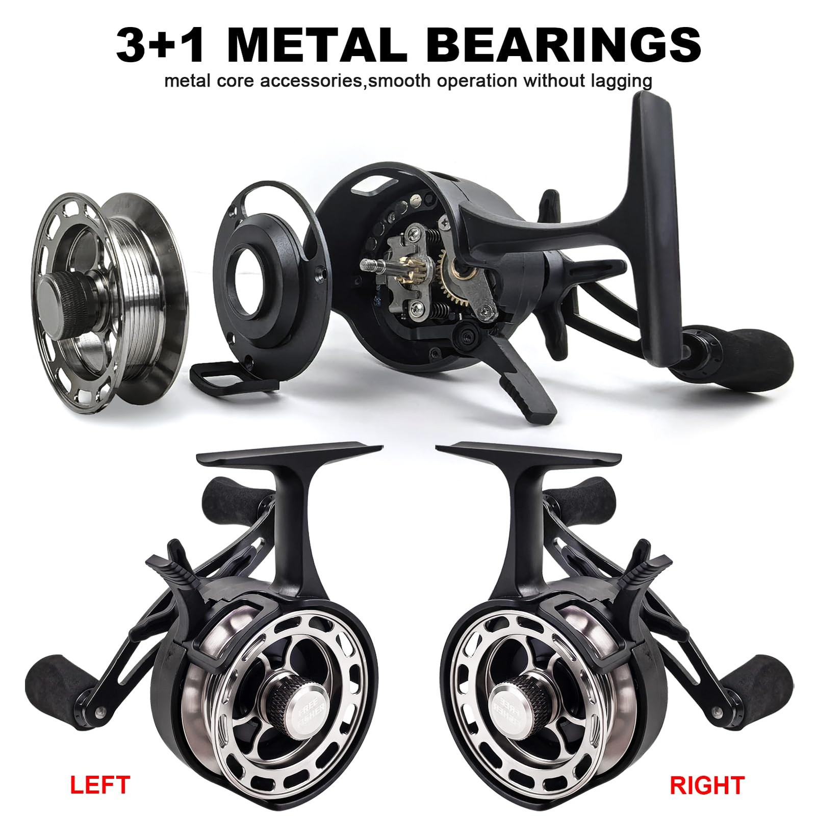 Fisher Ice Fishing Reel 3.2:1 Gear Ratio Ultra Smooth 3+1Ball Bearings Strength