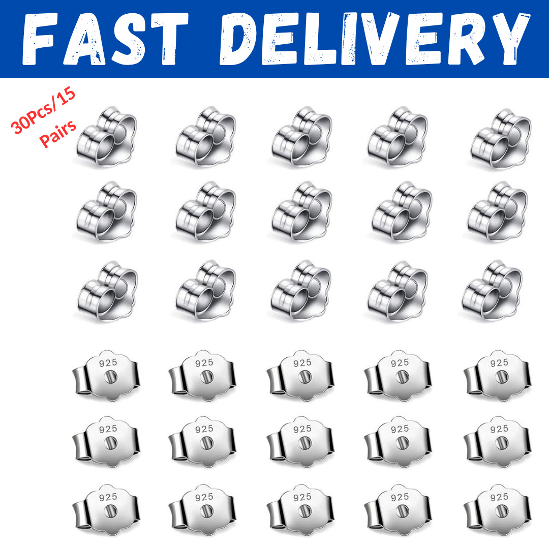 30Pcs/15 Pairs 925 Sterling Silver Earring Backs Replacement Secure Ear Locking