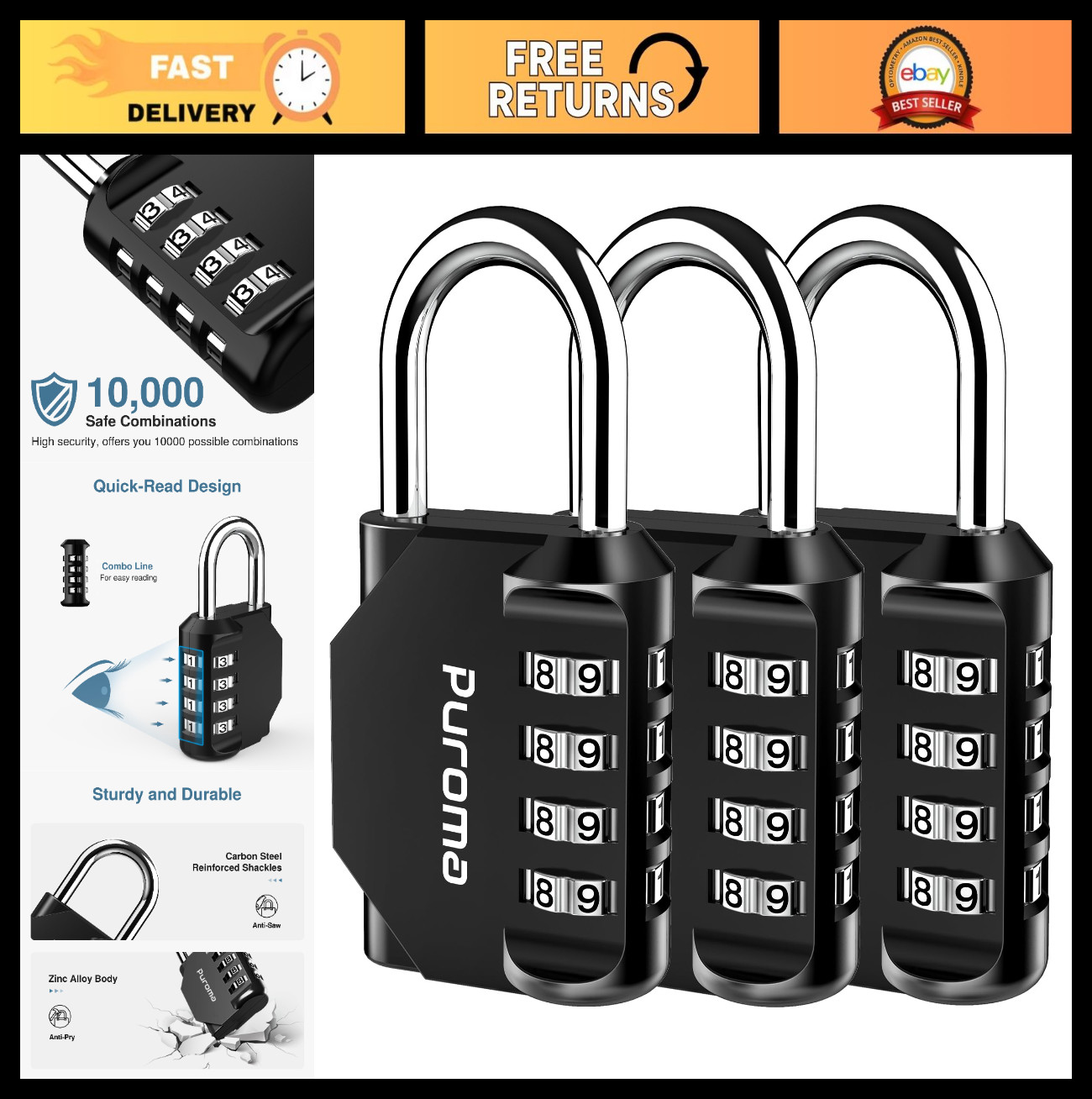 3 Pack 4-Digit Combo Padlocks - Resettable, Weatherproof, Cut-Resistant, Gym & S