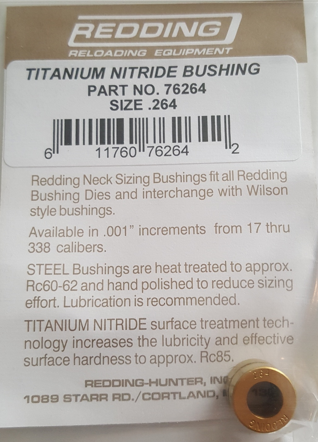 76264 REDDING TITANIUM NITRIDE .264 NECK SIZE BUSHING - BRAND NEW - FREE SHIP