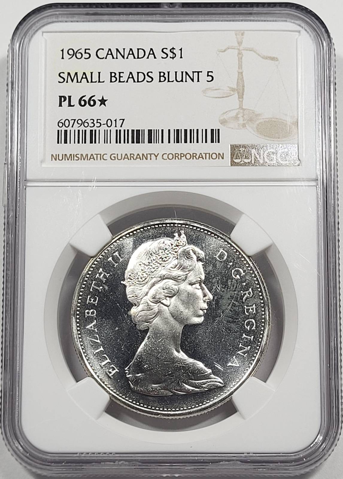 1965 CANADA Silver DOLLAR NGC PL-66* Star Small Beads Blunt 5 KM#64.1