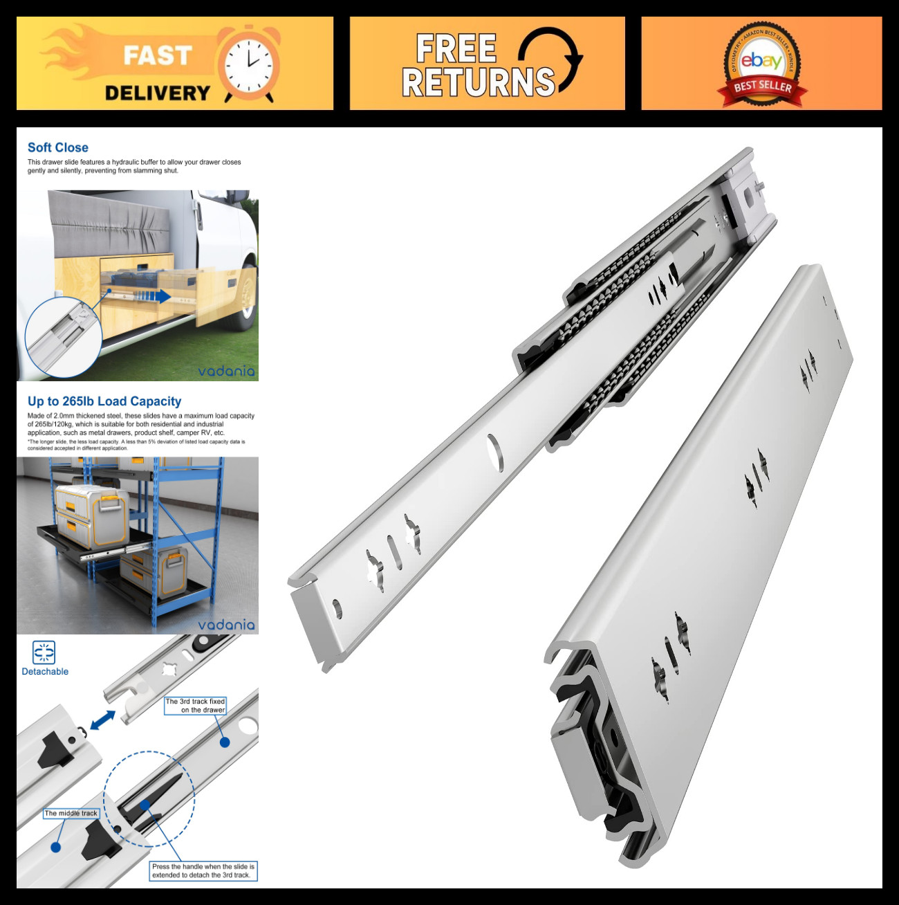 20" Soft Close Heavy Duty Drawer Slides, 265lb Capacity, 3-Fold Full Extension,