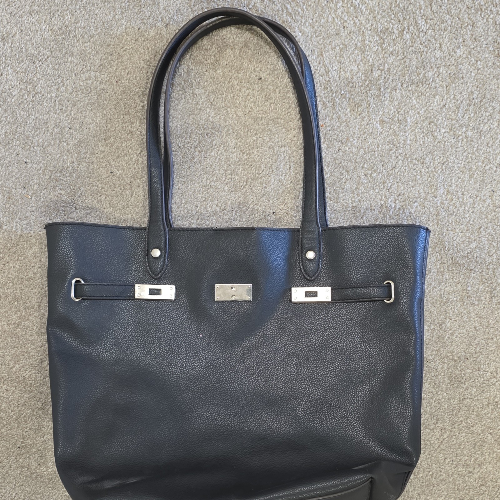 Coach Pebbled Black Tote Bag with Metal Logo Plate, Snap Closure, Striped Lining