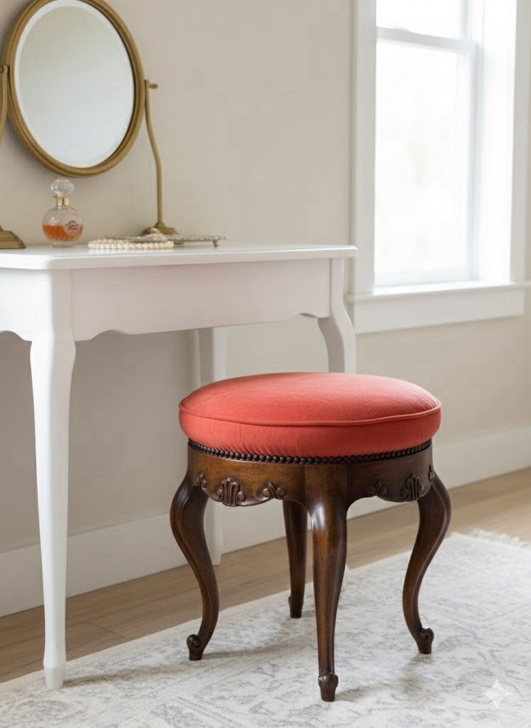 Baker Furniture French Provincial Stool Vanity Bench Carved Cabriole Legs Orange
