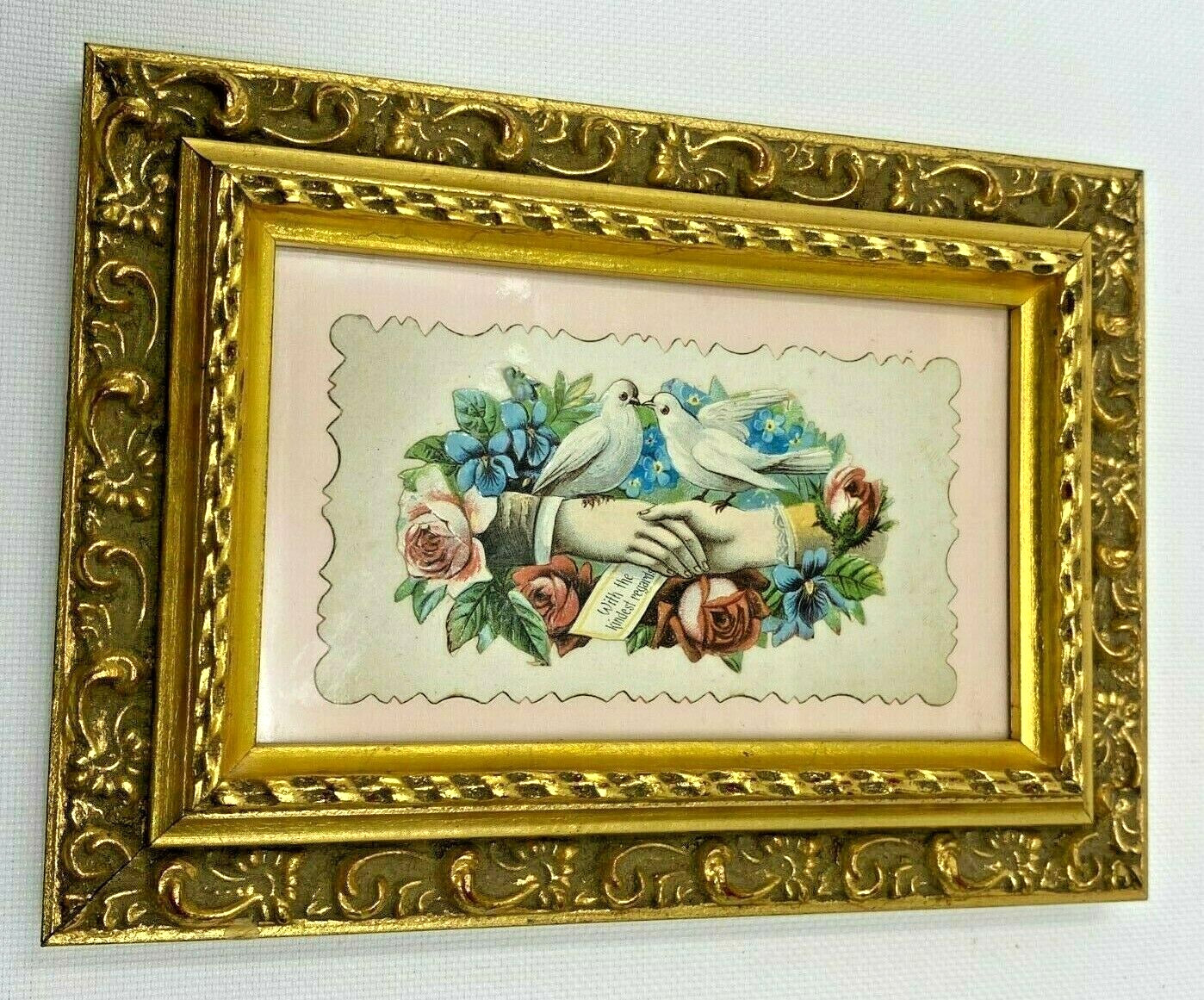 Antique Gold Framed Valentine Postcard Doves Roses - With the kindest regards