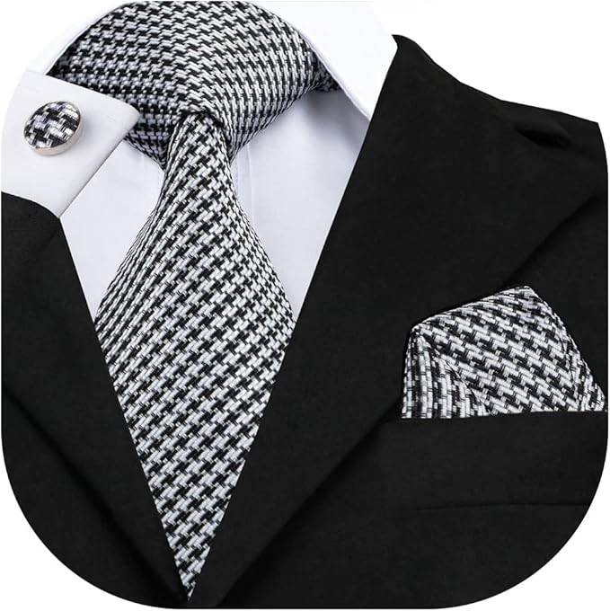Hi-Tie Houndstooth Ties Silk Black Gray Necktie Set with Woven Handkerchief
