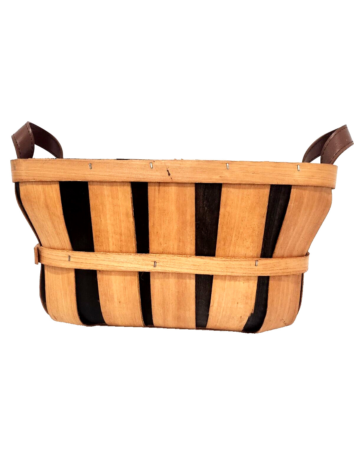 Wood Slat Basket w/Leather Handles, Two Tone