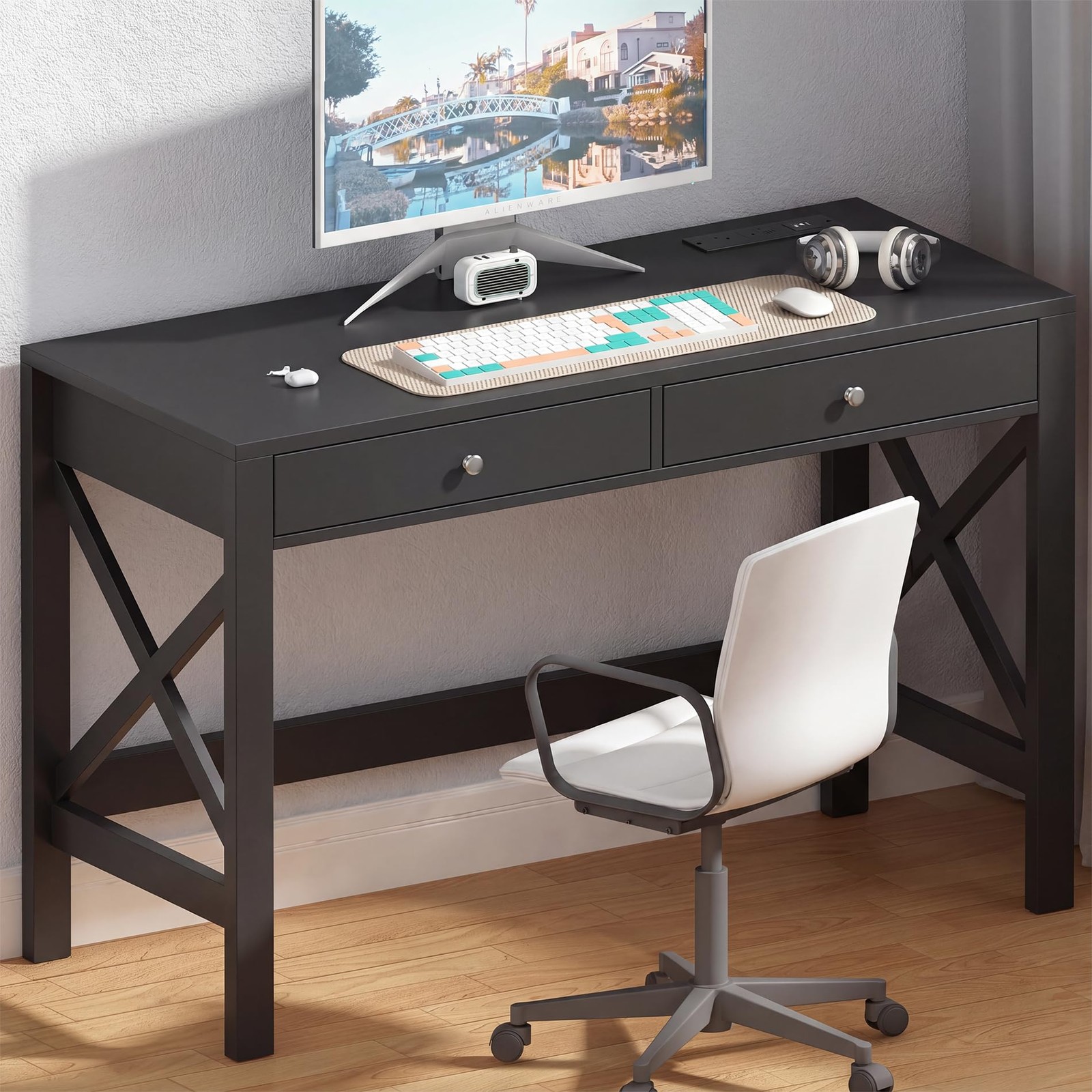 40 Inches Farmhouse Computer Desk with 2 Drawers & Power Outlets