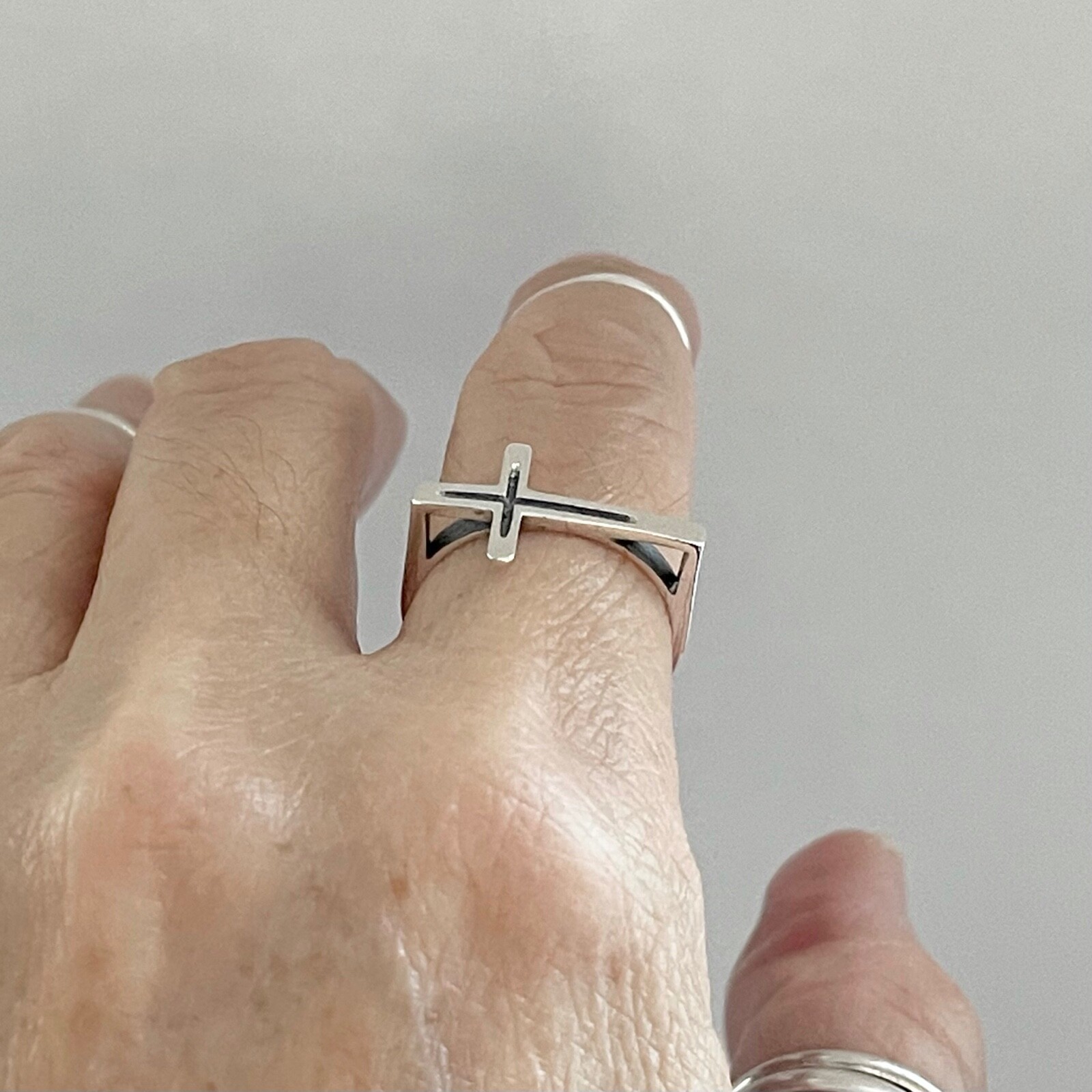 Sterling Silver Unisex Large Sideway Cross Ring, Religious Ring, Silver Rings