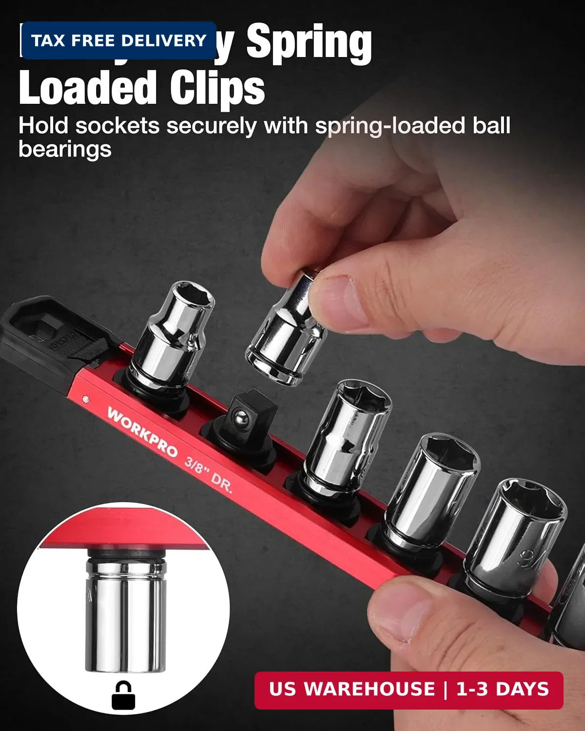 WORKPRO Magnetic Socket Organizer, 3/8" Adjustable Push-Button Socket Rail | 1 P