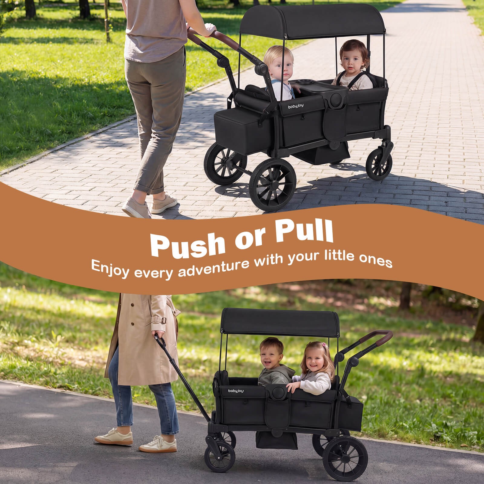 Foldable Wagon Stroller for 2 Kids, Double Seater Toddler Stroller w/ Canopy