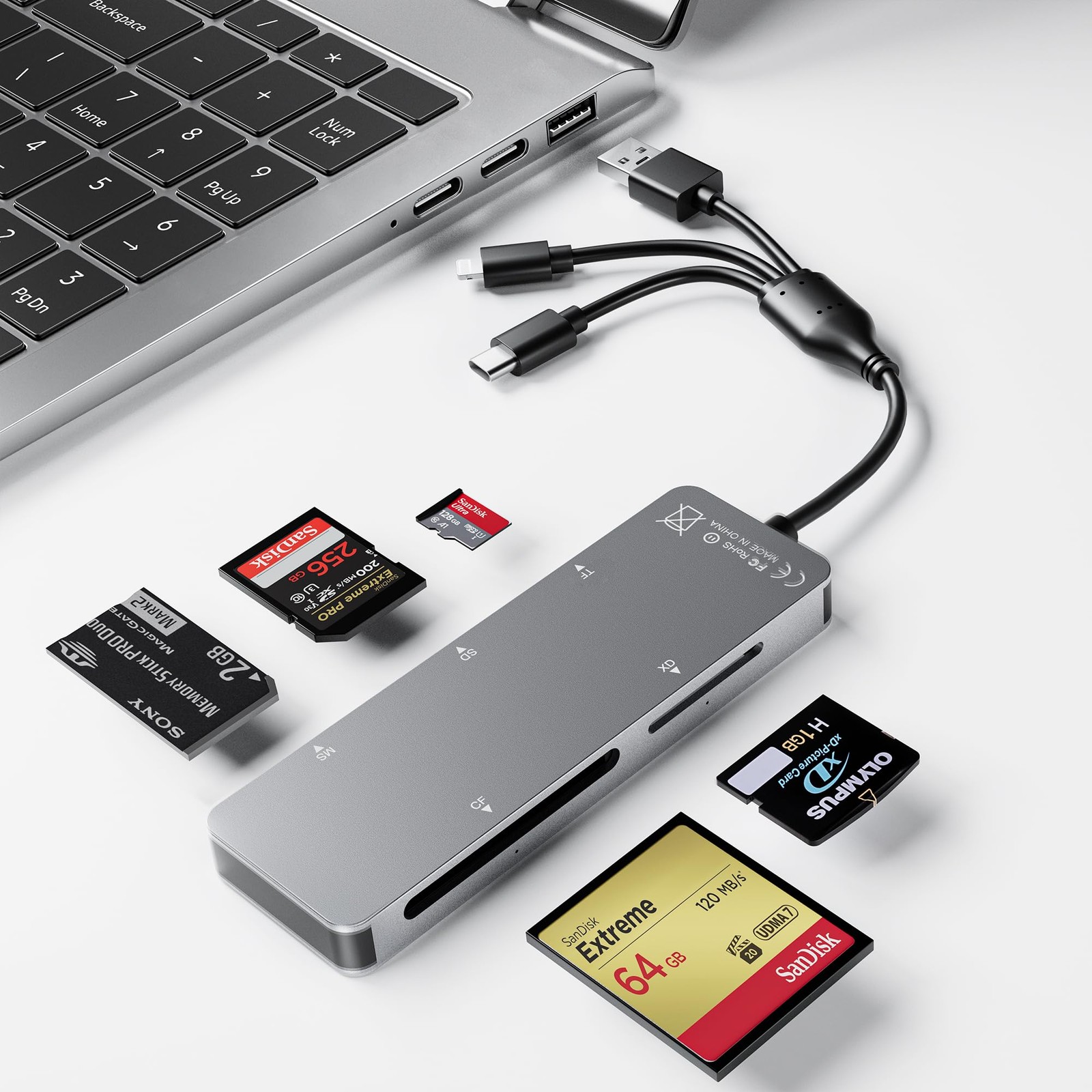 Memory Stick Pro Duo 5-in-1 Card Reader Adapter, SD/TF/CF/MS/XD for PC, iPhone,