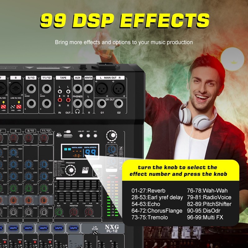 12-channel professional mixer with 99 DSP effects and Bluetooth/USB connectivity