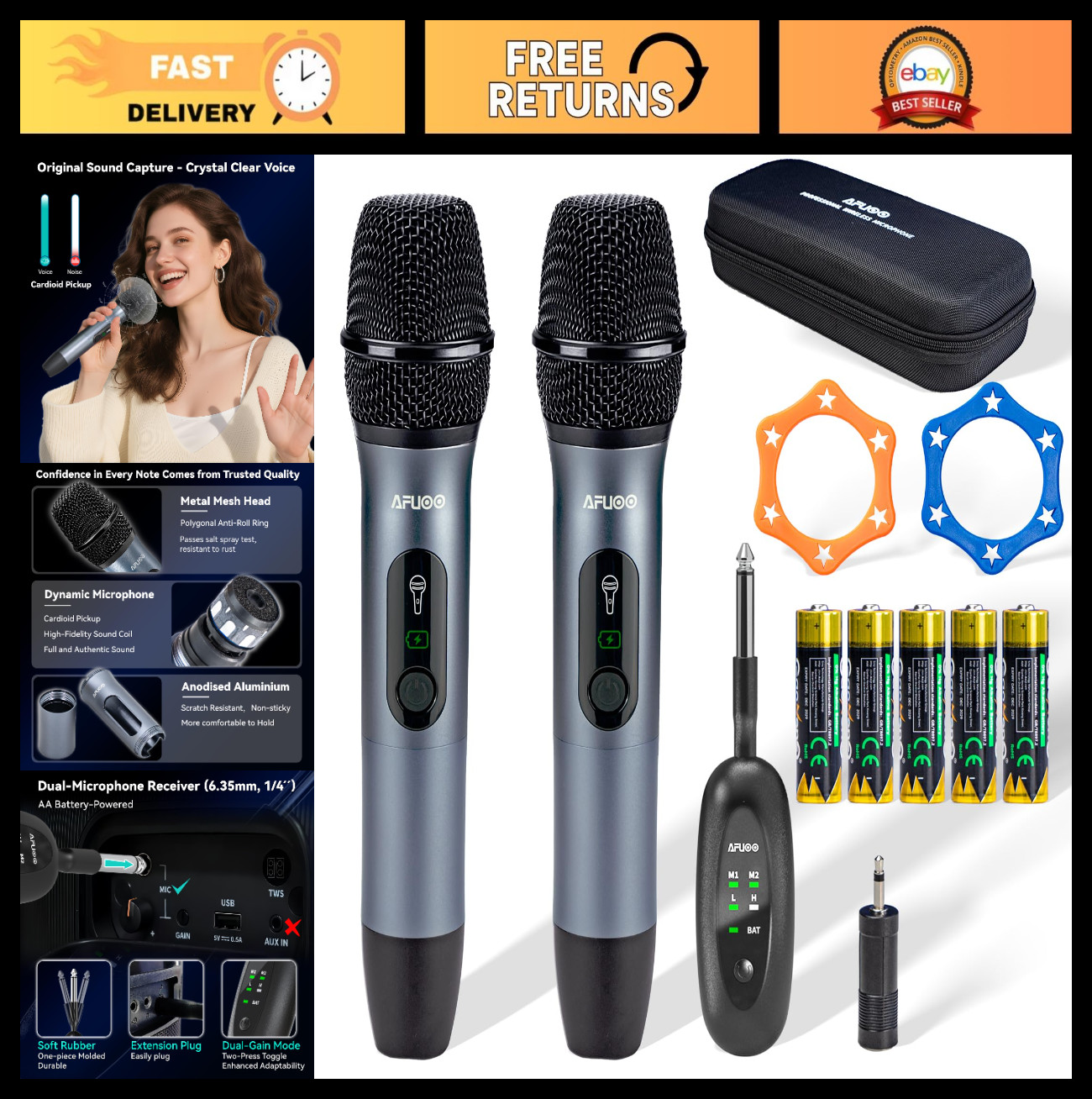 Dual Wireless Microphone Set for Karaoke & Speech, 200ft Range, 2 Pack with Stor