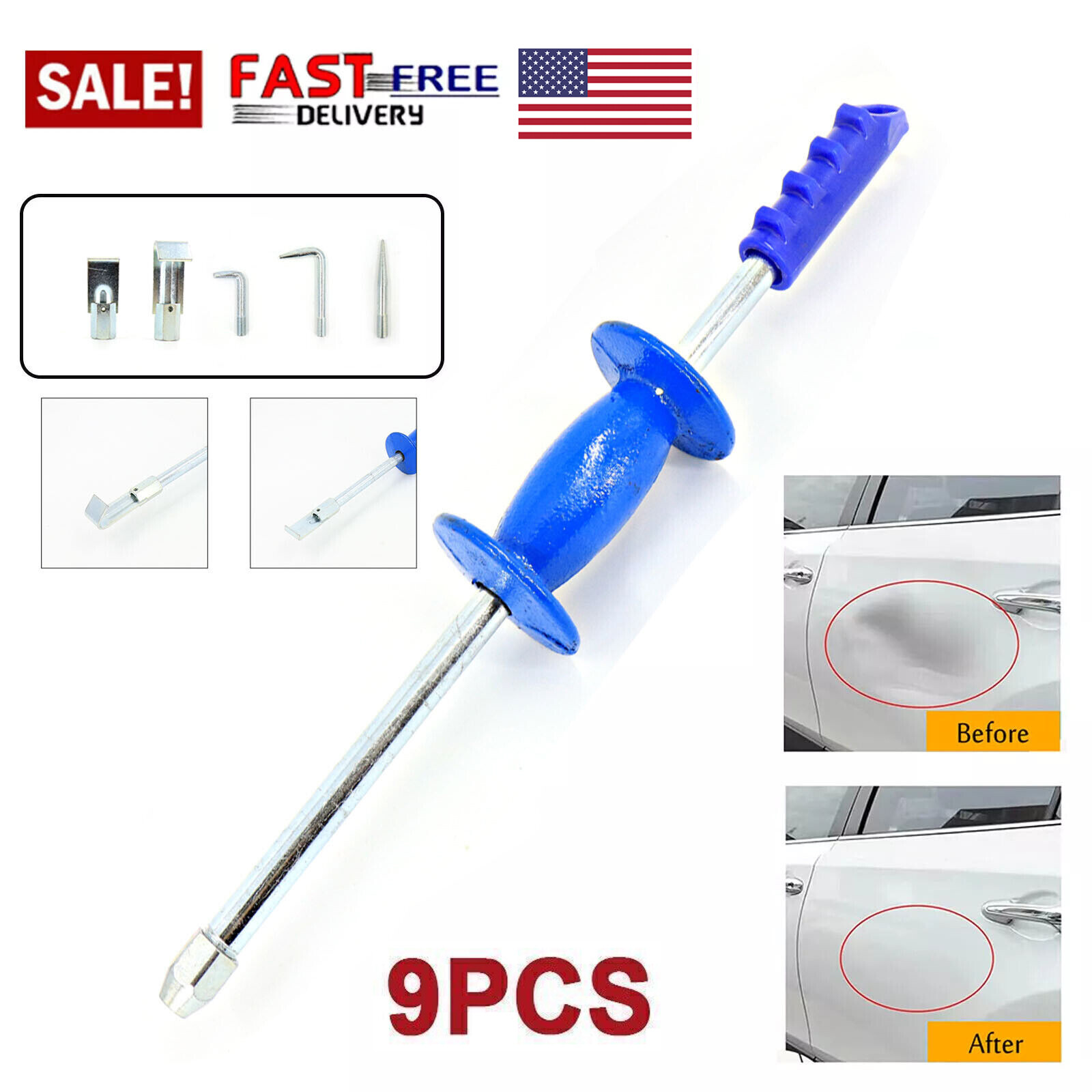 Dent Puller Slide Hammer 5lb Heavy Duty 9pc Set - Car Body Repair Tool