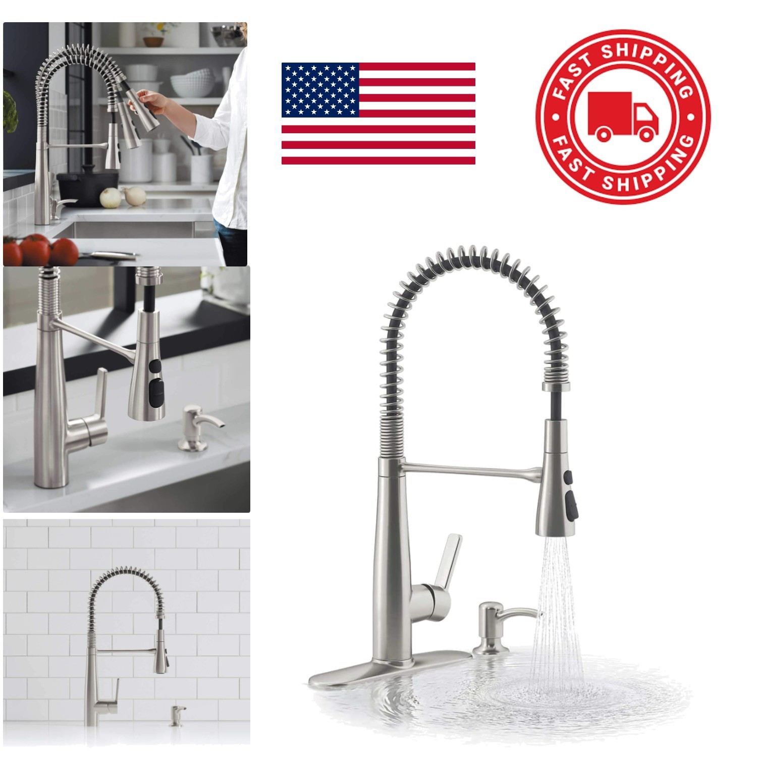 Semi Professional Kitchen Faucet with Soap Dispenser Vibrant Stainless Finish