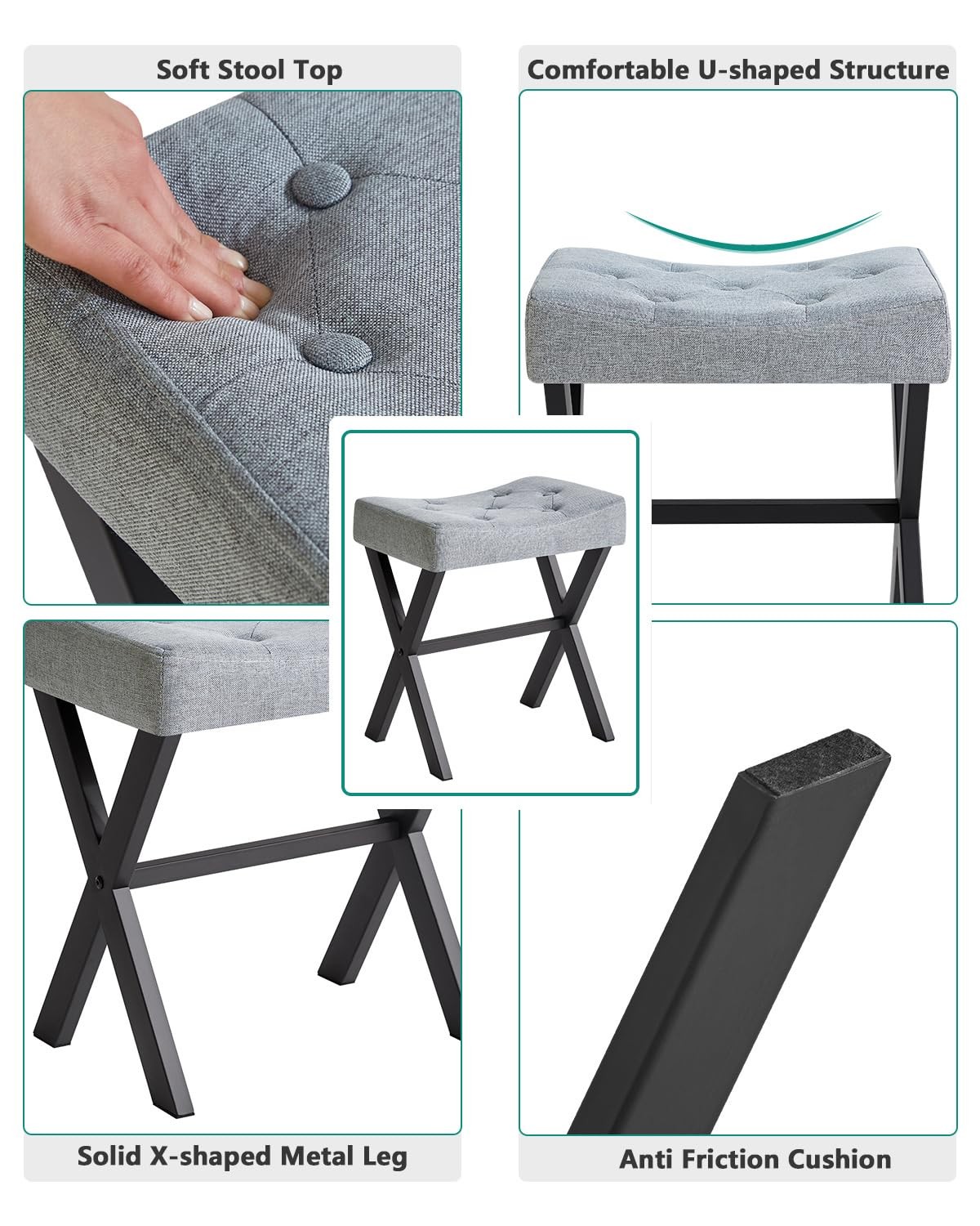 U-Shaped Linen Vanity Stool Square Ottoman Makeup Chair X-Leg Blue Gray Seat