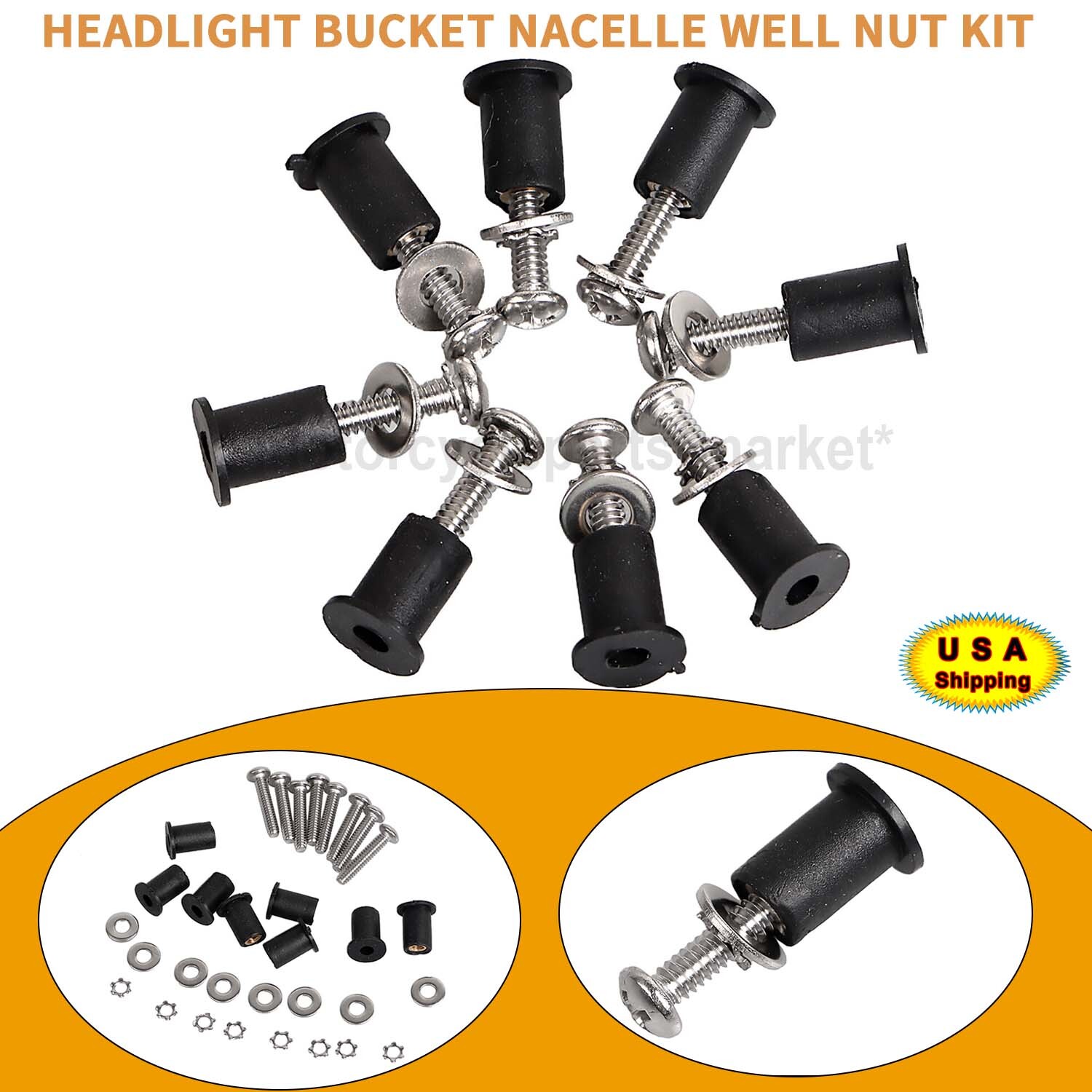 Motor Headlight Bucket Nacelle Stainless Steel & Rubber Well Nut Kit For Harley