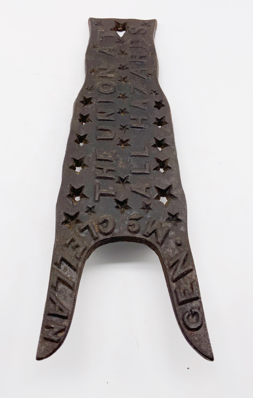 1864 Antique cast iron Lincoln vs McClellan Campaign bootjack Union at all hazar