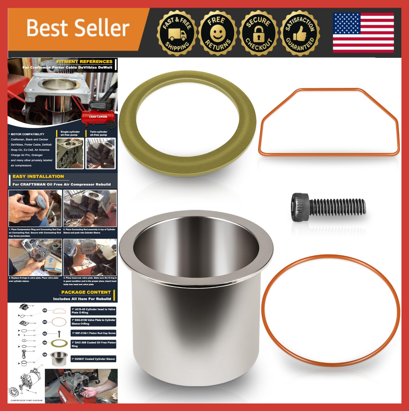 Air Compressor Cylinder Sleeve & Ring Kit for Craftsman DeWalt Porter Cable