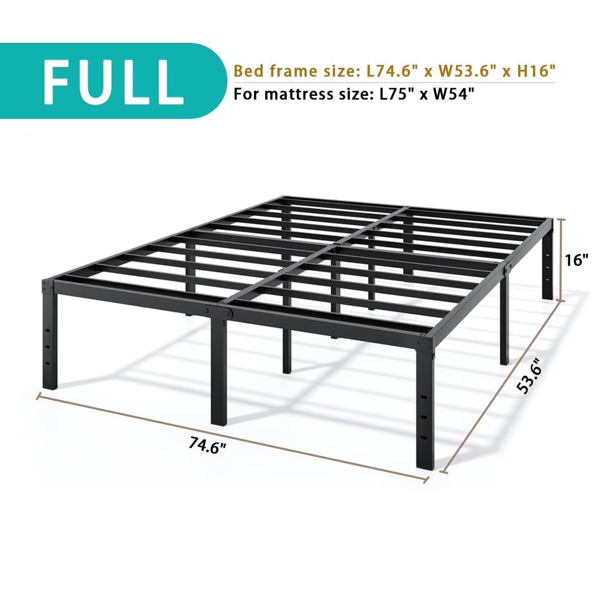 Full Size Metal Bed Frame, 16 Inch Heavy Duty Platform, No Box Spring