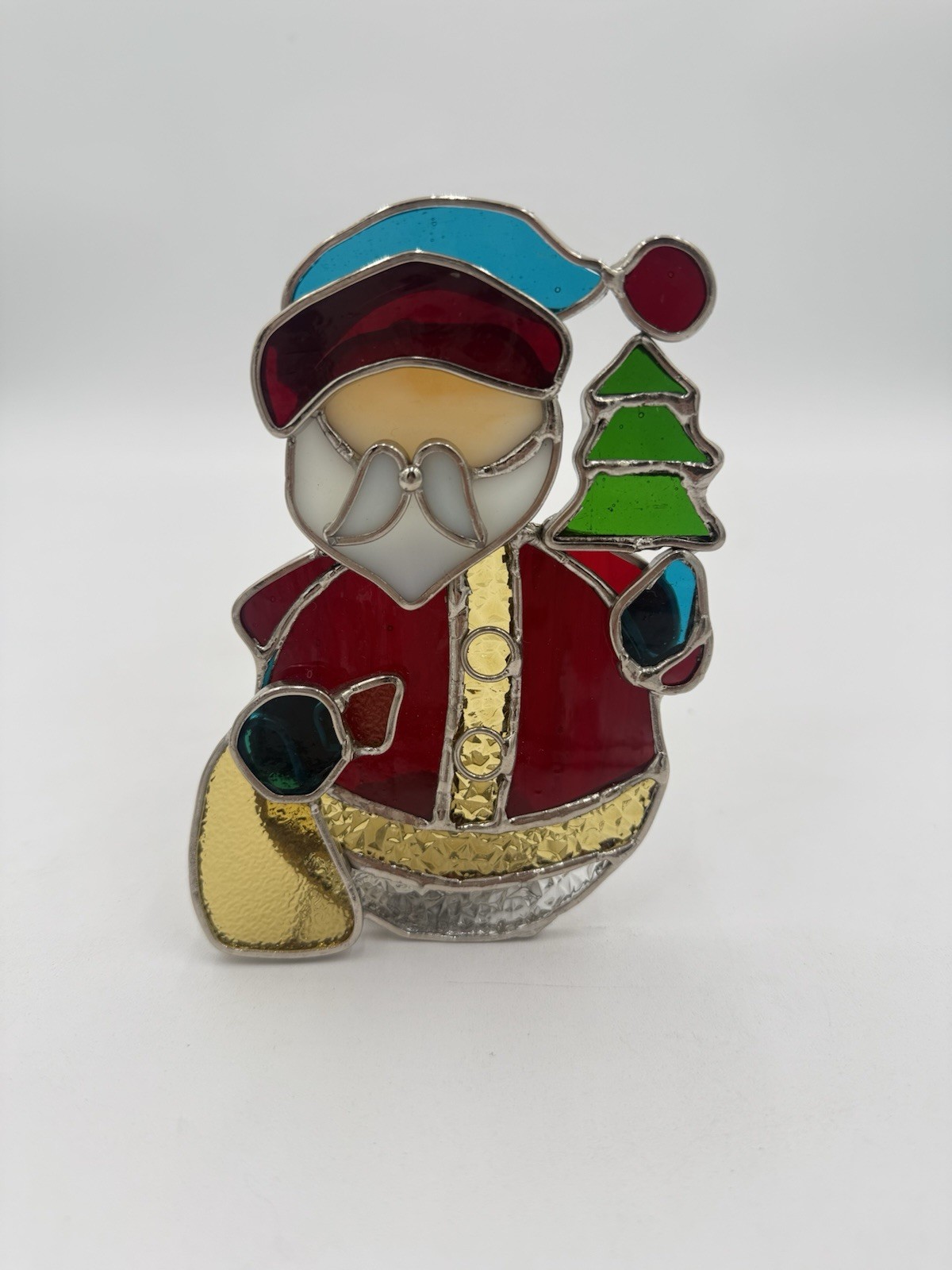 VTG Christmas Santa Claus Stained Glass Tabletop Window Suncatcher Candle Holder