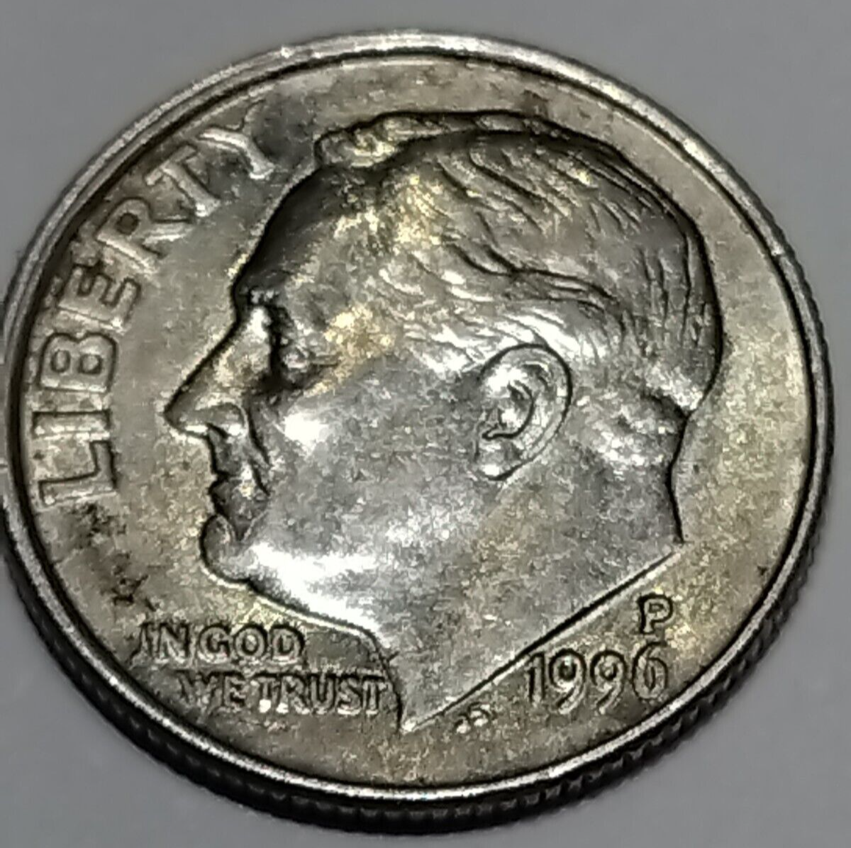 1996 P Roosevelt Dime Misaligned Die Obverse Error Rail road edge left