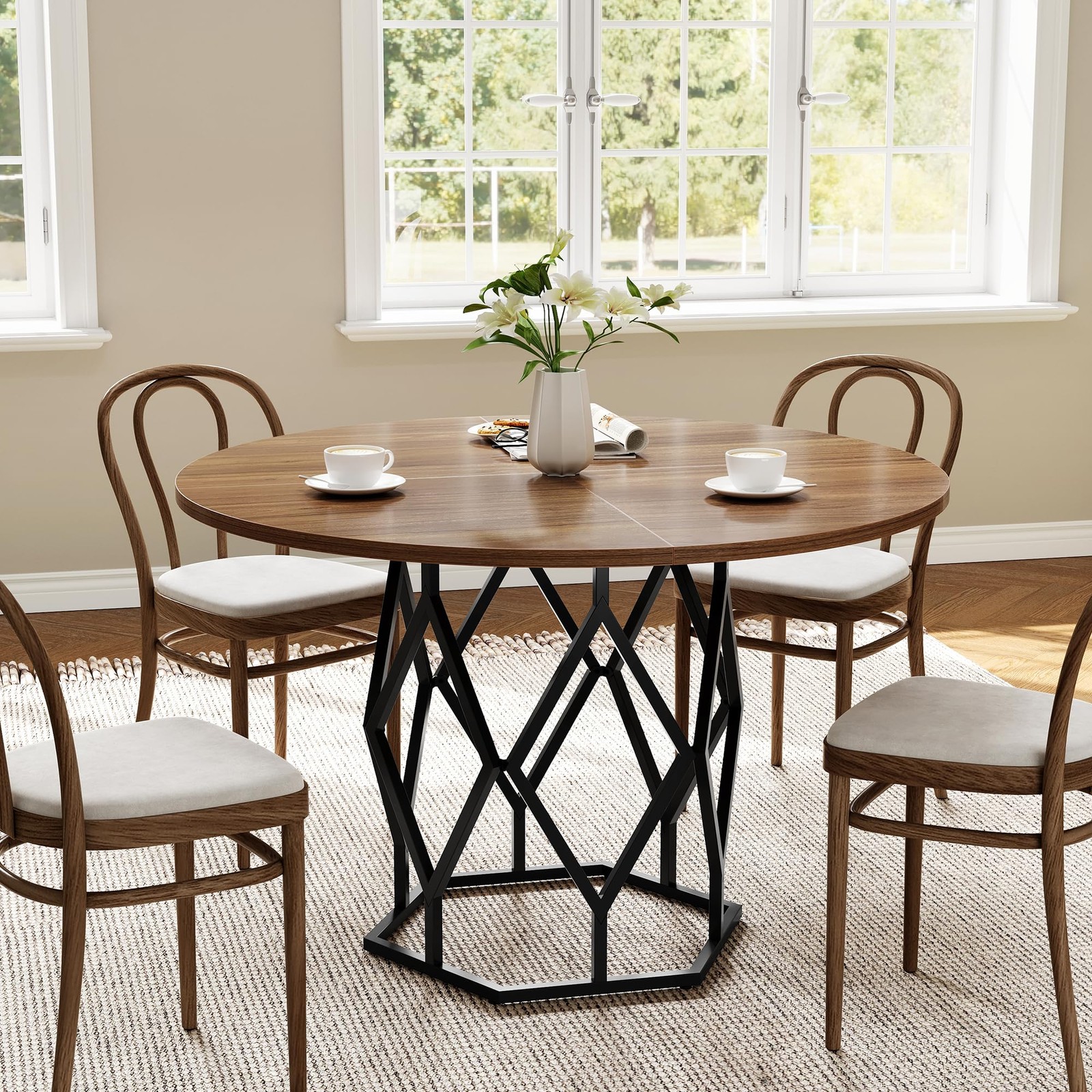 47'' Round Dining Table,Rust-Proof Metal Base, Stable Streamlined Design for 4-6