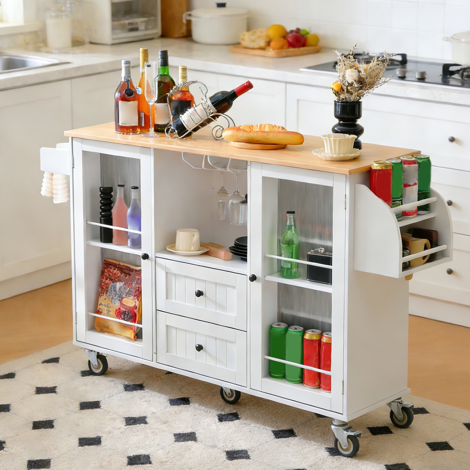 Kitchen Island Cart Rolling On Wheels with 13 Storage Areas Drop Leaf Bar