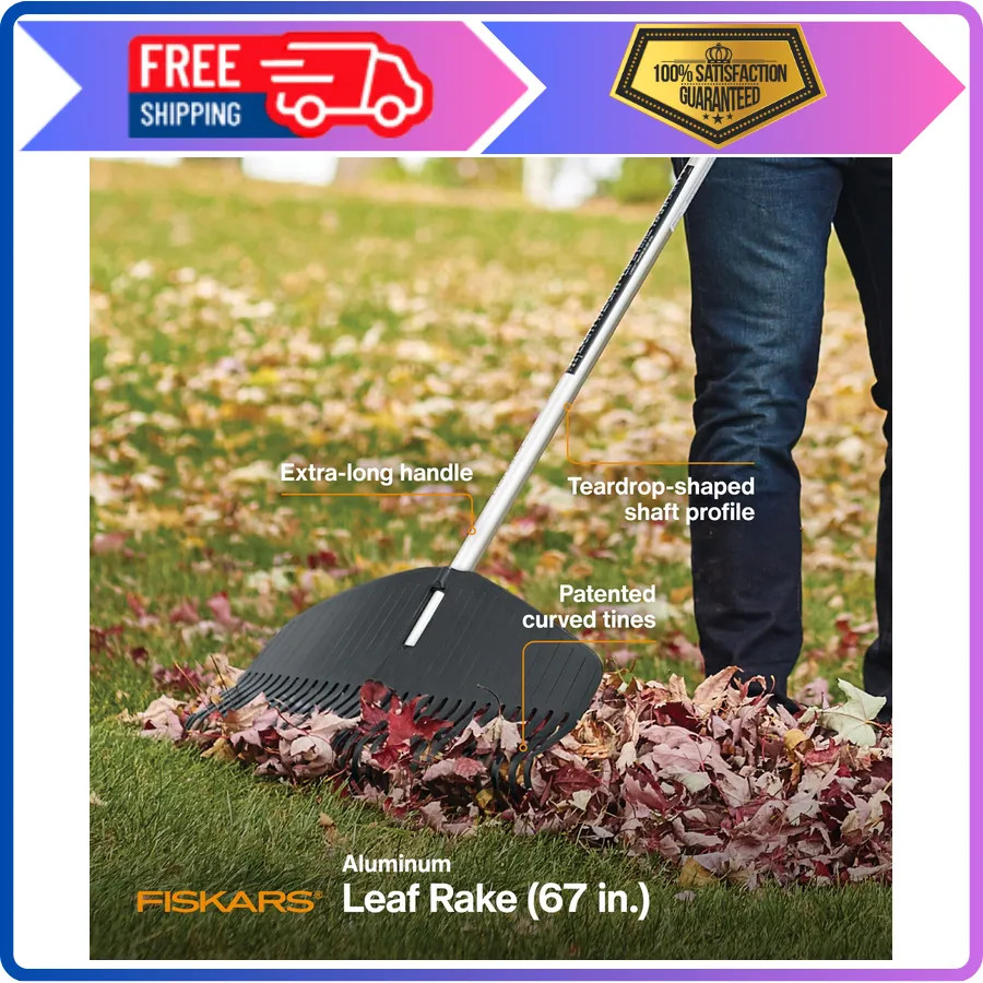 Fiskars 67 Inch Poly Leaf Rake Lightweight Garden Lawn Tool