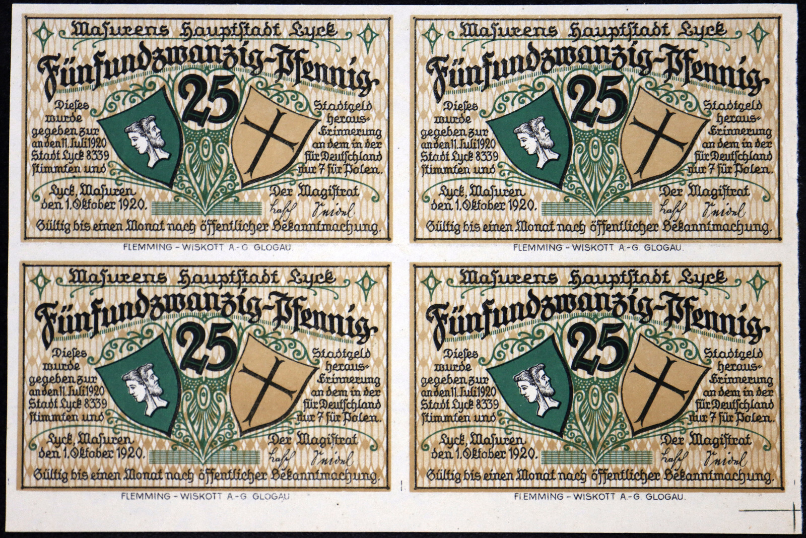 LYCK / EŁK 1920 4pcs UNCUT SPECIMEN SHEET! XX-RARE German Notgeld Poland 25 Pf