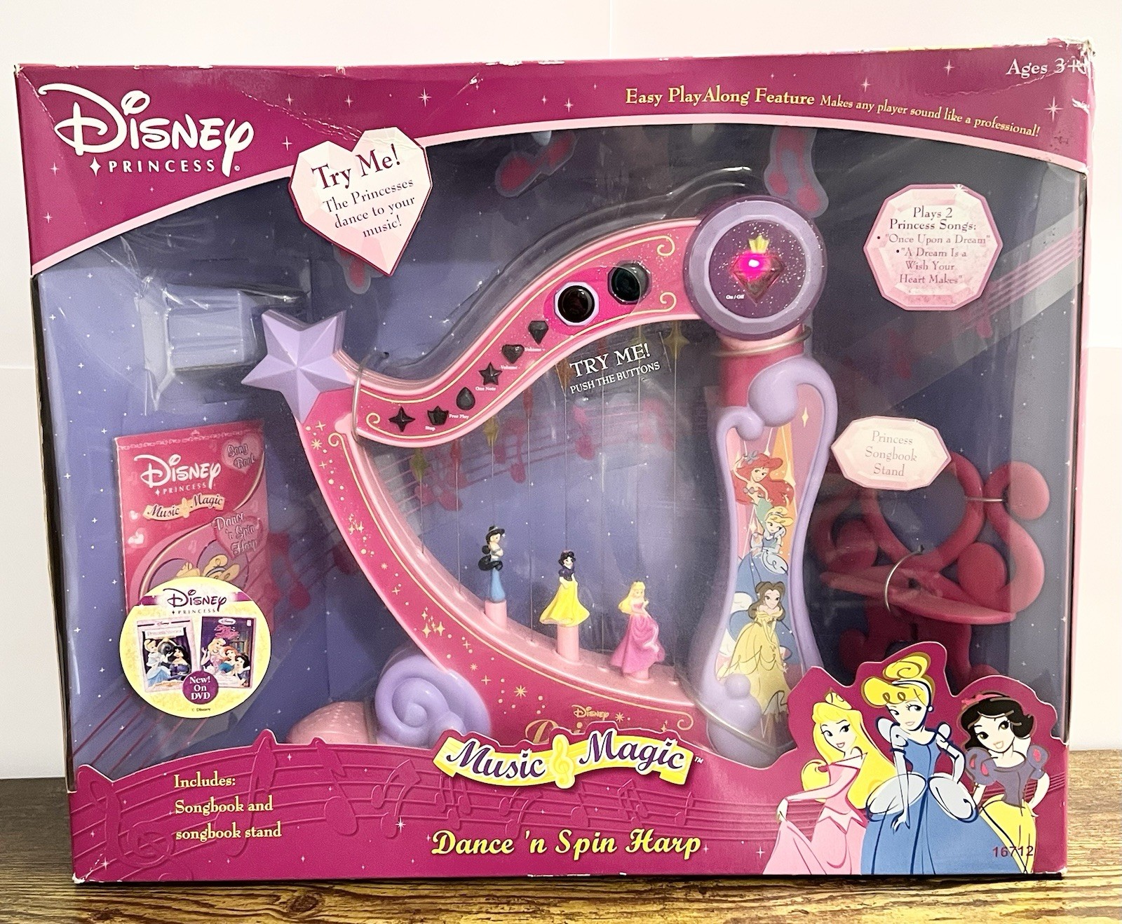 NRFB HTF DISNEY PRINCESS DANCE N SPIN HARP MUSICAL INSTRUMENT NEW IN BOX WORKING