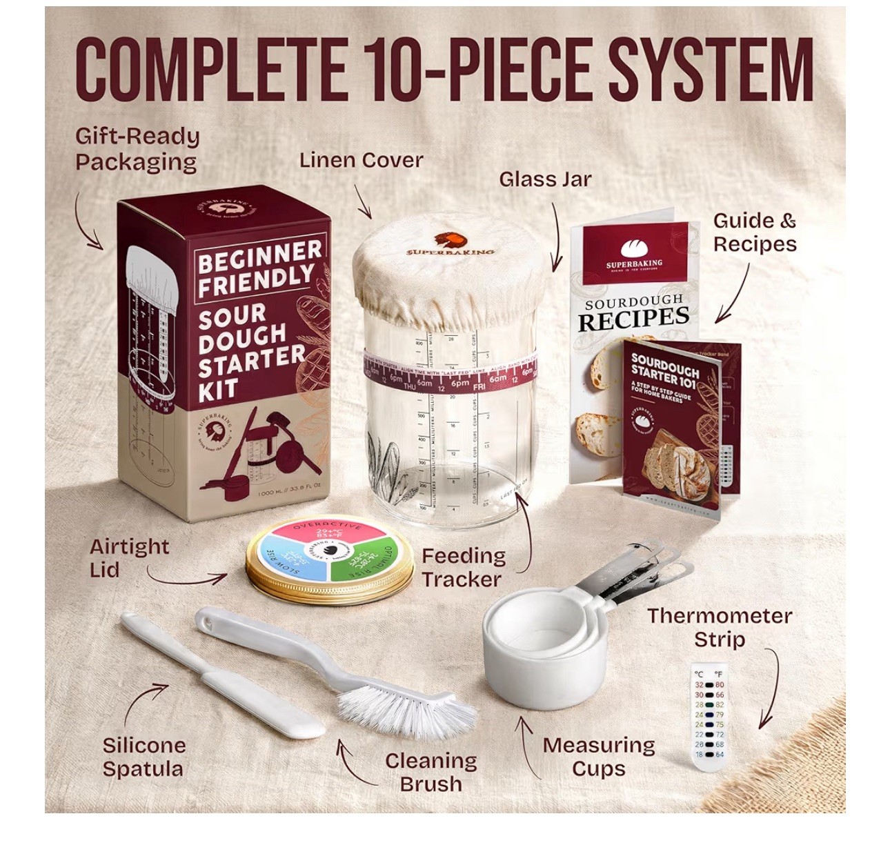 34oz Sourdough Starter Kit – Beginner’s Glass Jar with Recipes & Tools