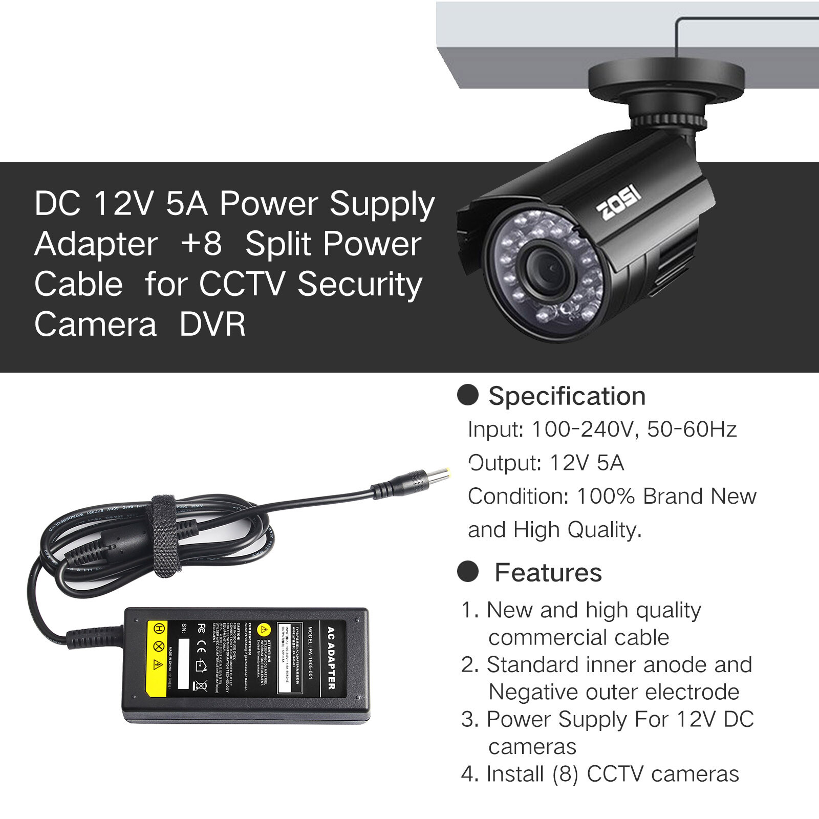 12V 5A Power Supply Adapter +8 Split Power Cable For CCTV Security Camera DVR B