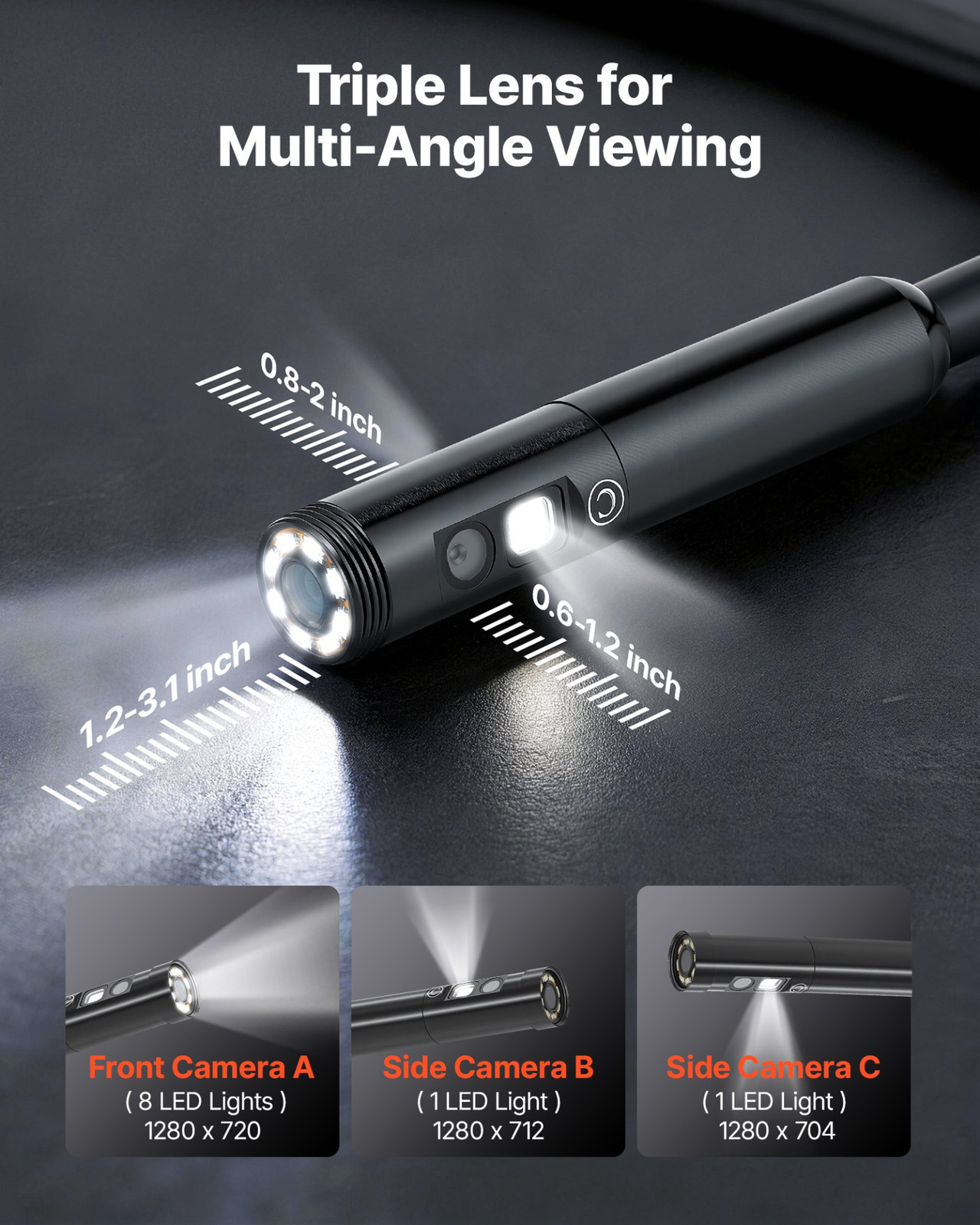 Triple Lens Endoscope 16.4FT Cable 4.5" Screen Borescope Camera IP67 Light