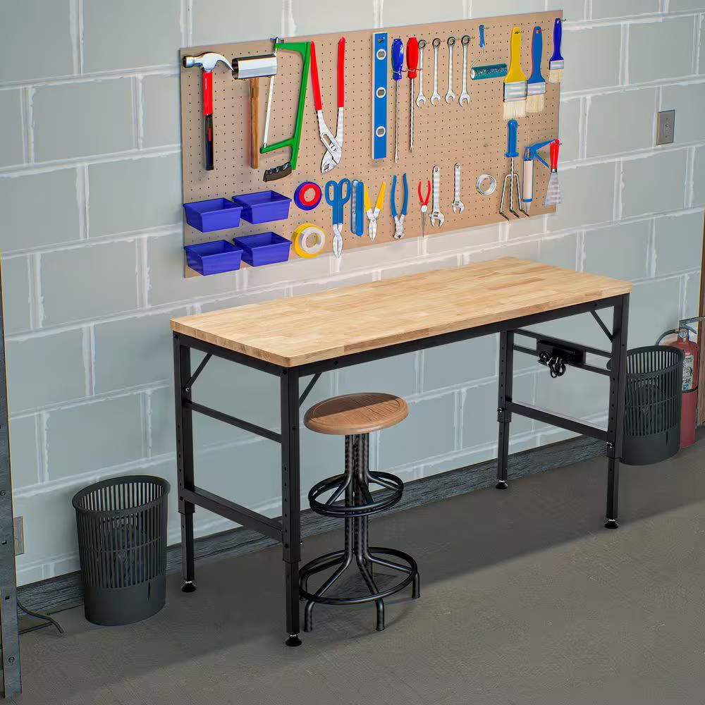 60 In. Adjustable Height Workbench with Power Outlets-Wood Work Table, 6-Level H