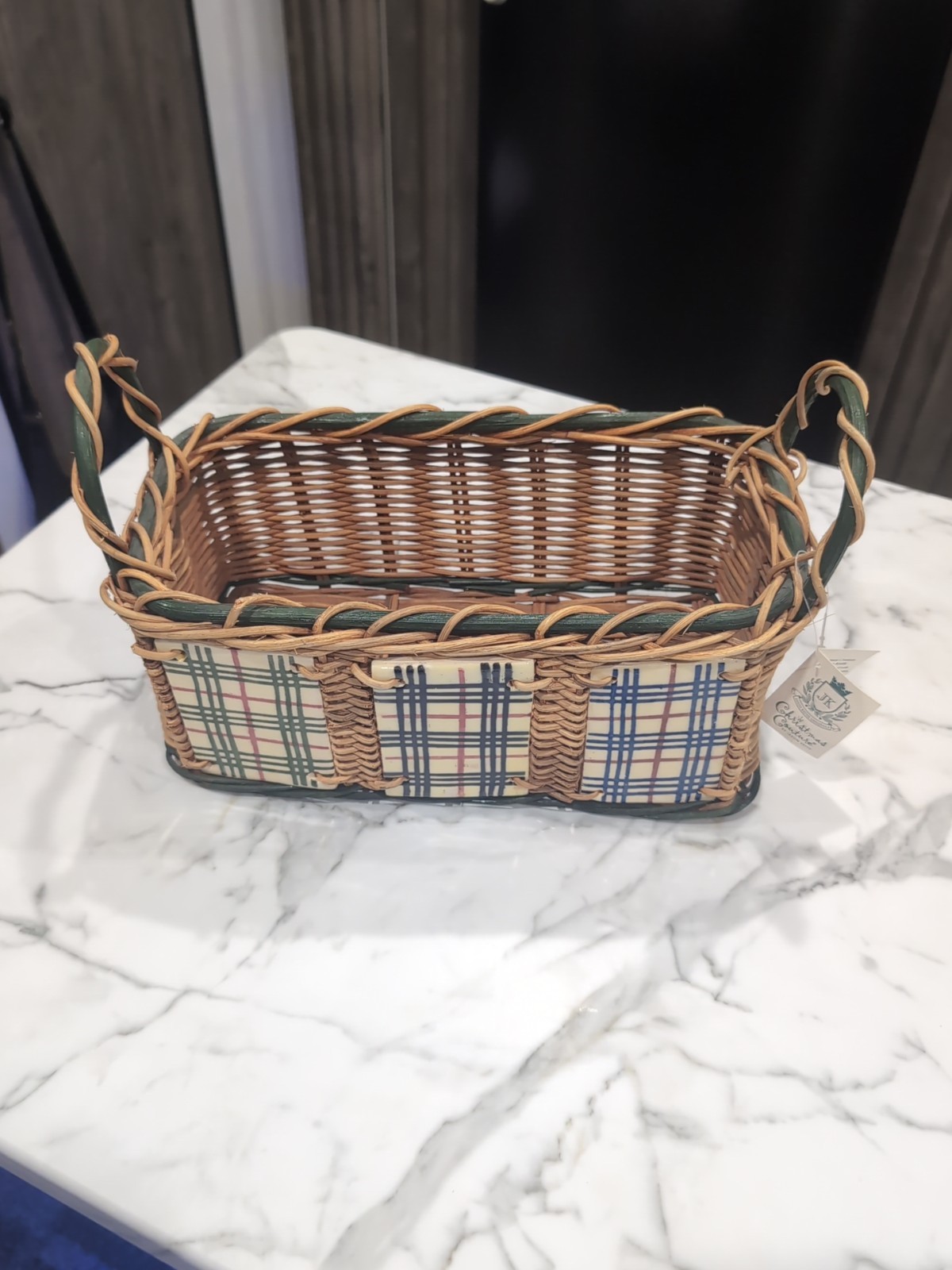 Wicker Basket with Ceramic Plaid Tiles 12” X 5” By Jason Keith