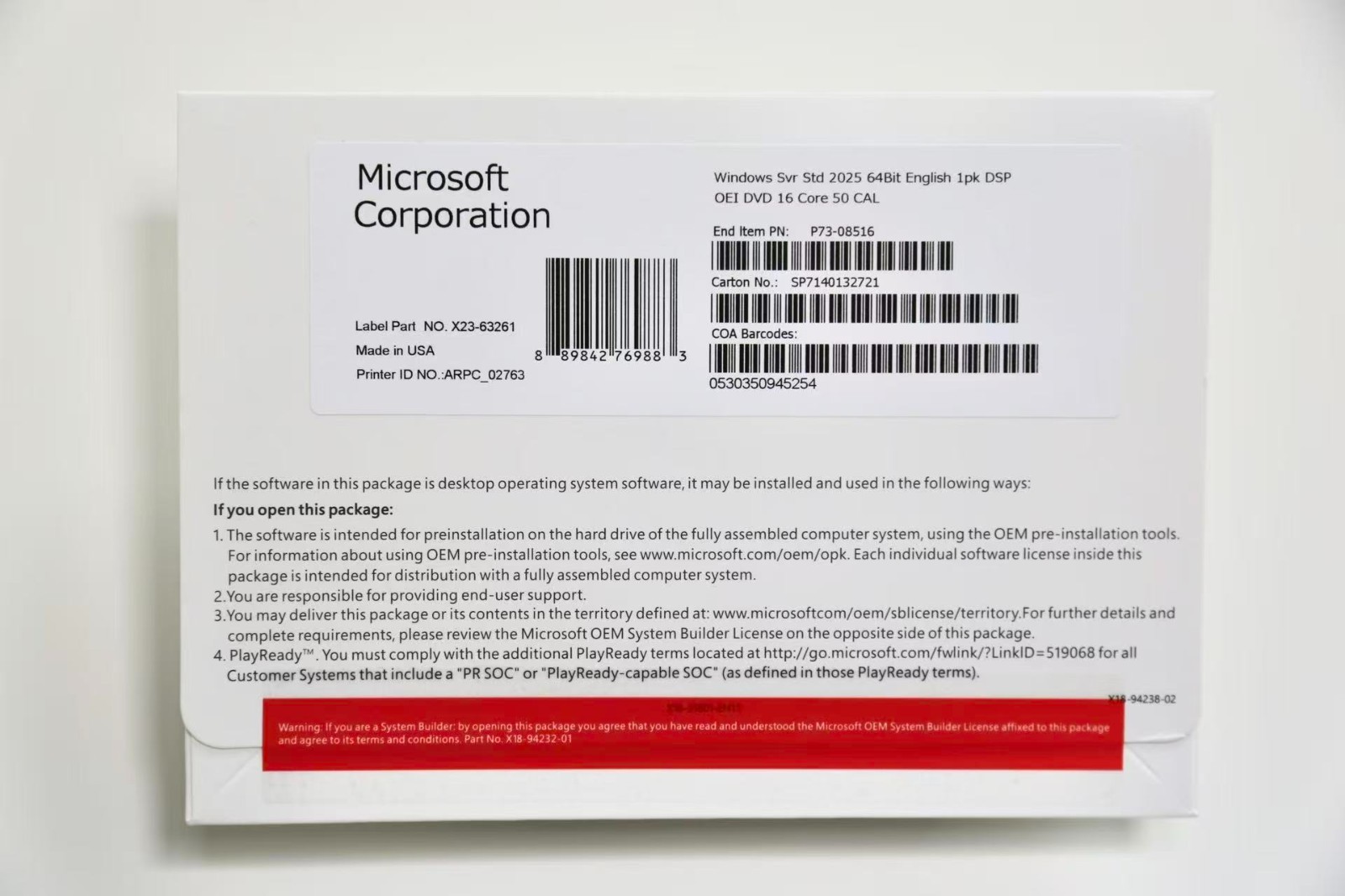 Microsoft Windows Server 2025 Standard 64Bit 16 Core-50 CALs DVD With Key Sealed