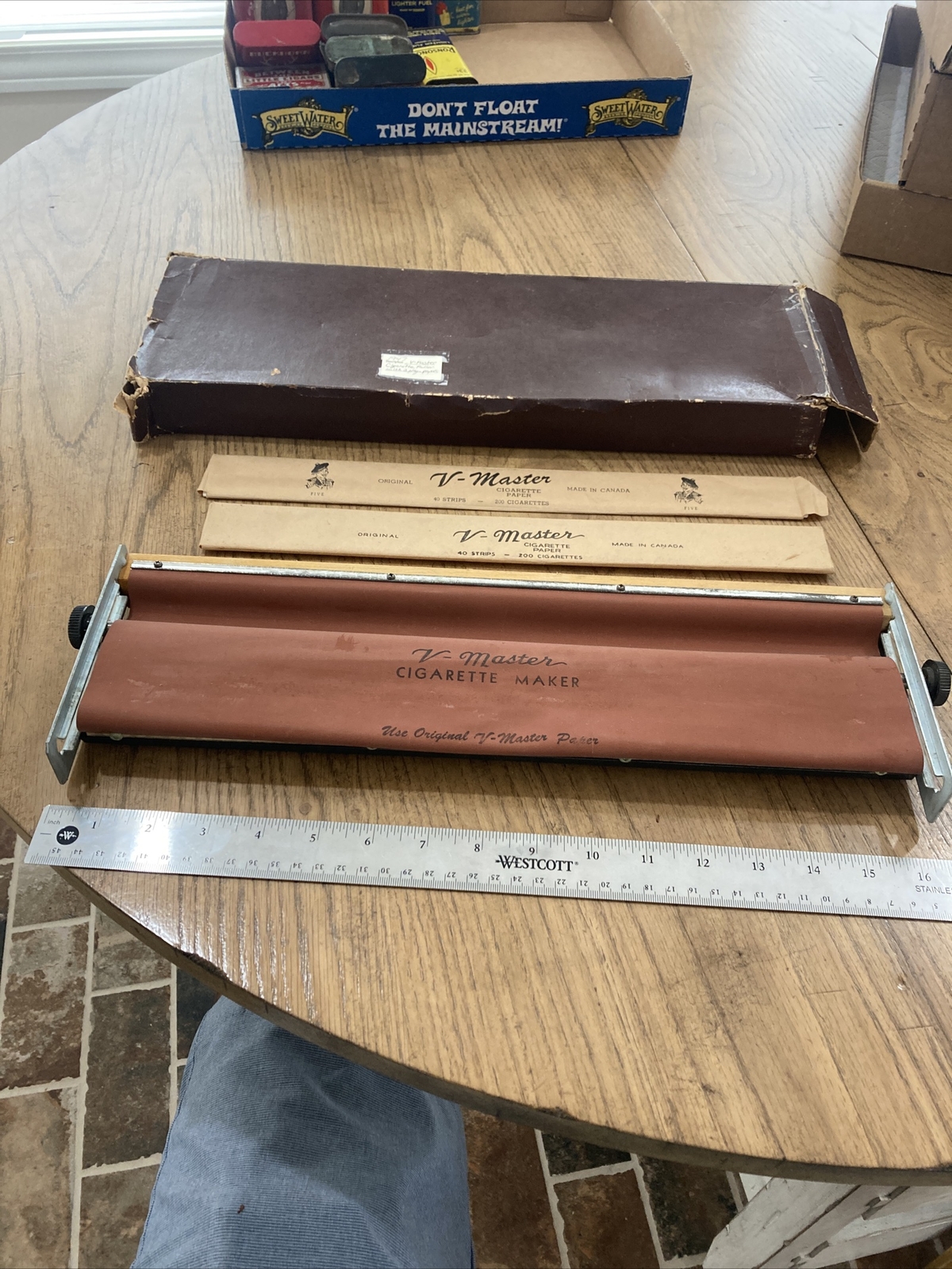 MID CENTURY V-MASTER EXTRA LONG 16" CIGARETTE MAKER ROLLER W/PAPERS IN ORIG. BOX