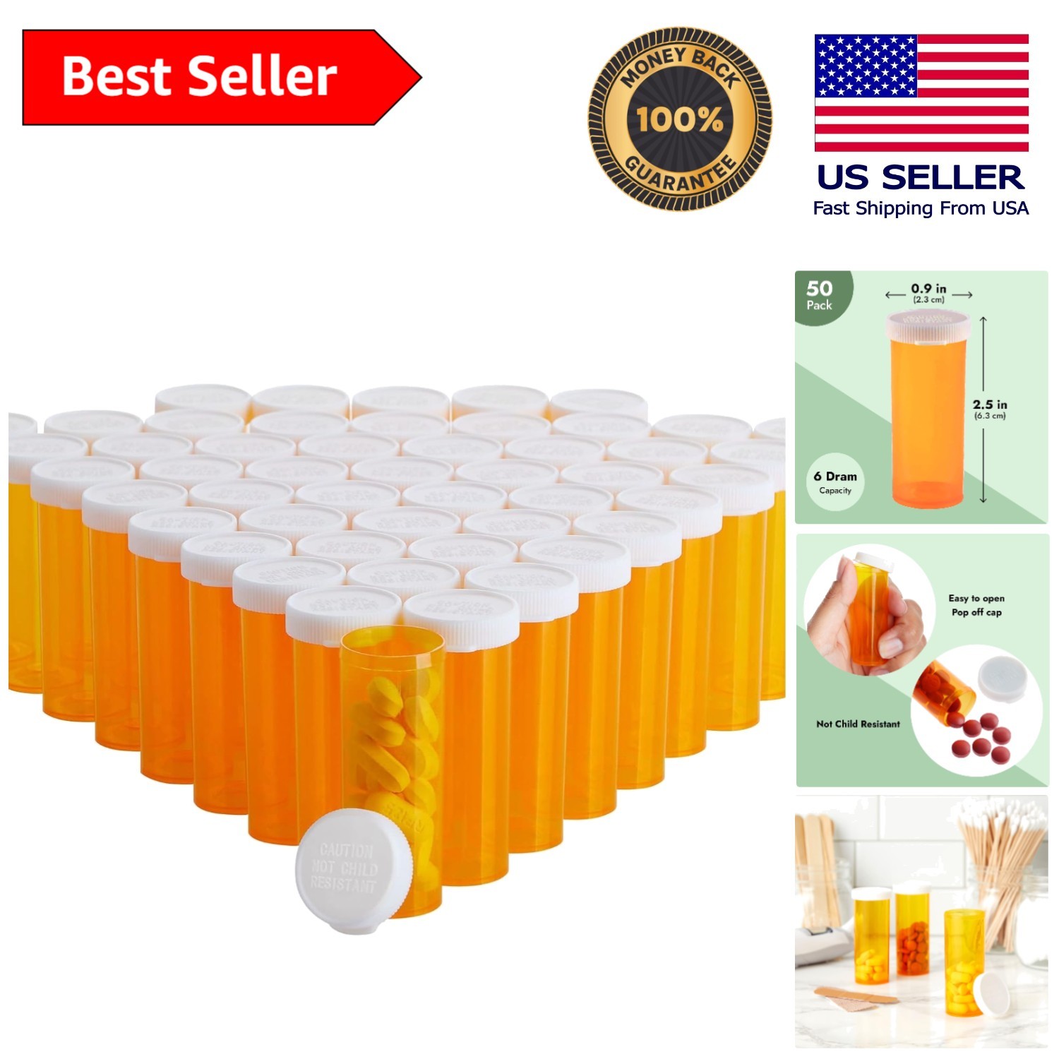 50 Pack of 6 Dram Orange Pill Bottles with Easy-Open Caps – Durable & Portable