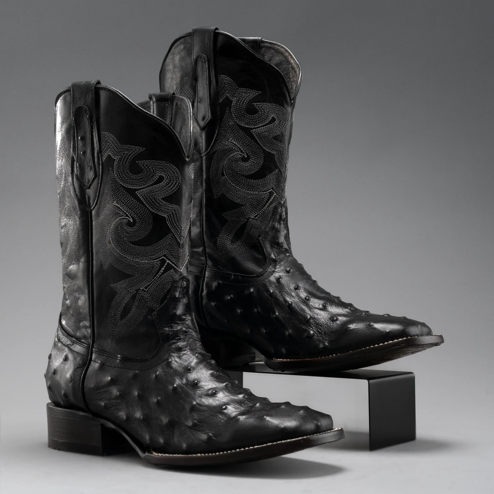 Men's Genuine Leather Exotic Ostrich Print Square Toe Western Boots - Black
