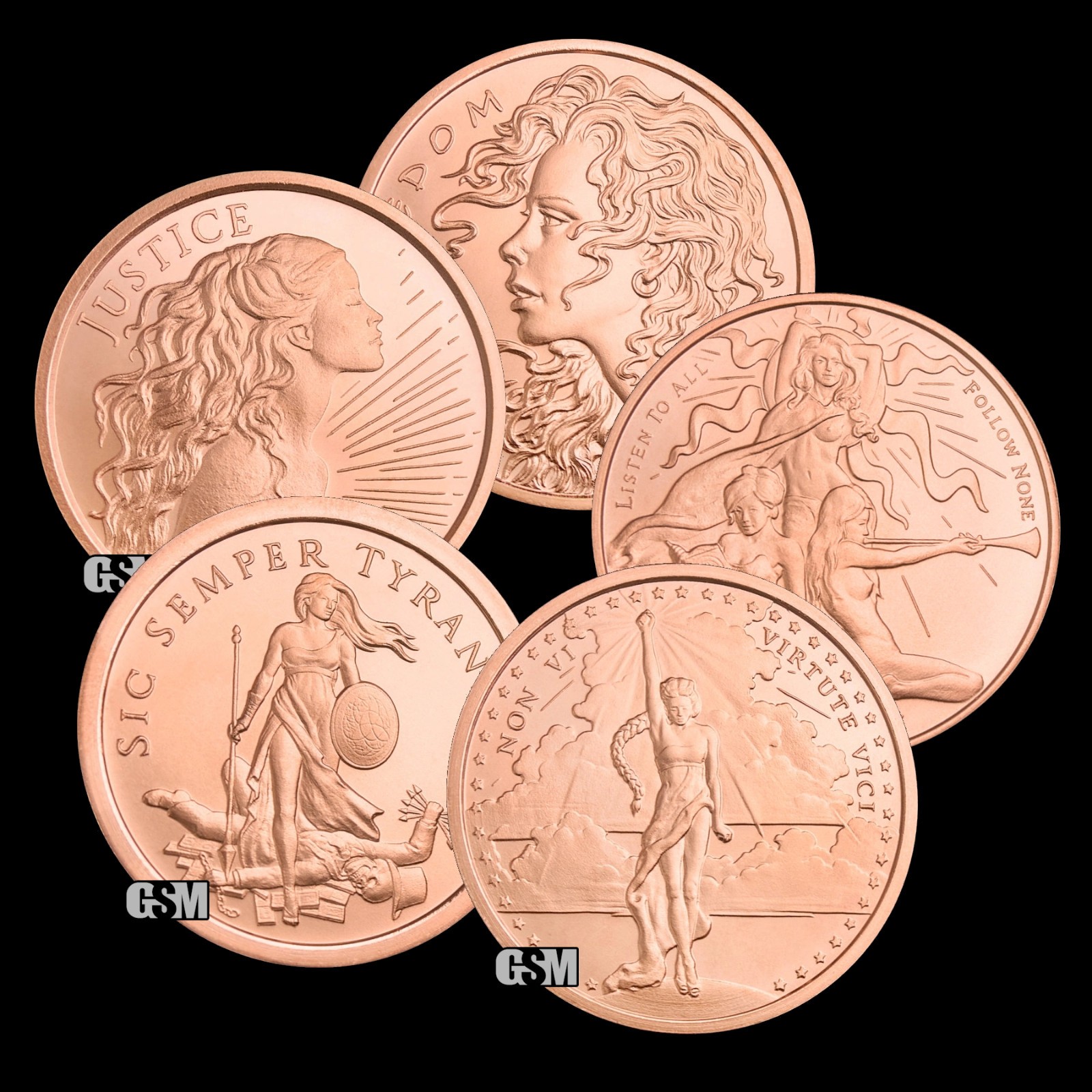 5 x 1 Oz .999 Copper Rounds - MINT NEW AND BEAUTIFUL!! - GSM  - FREE SHIPPING