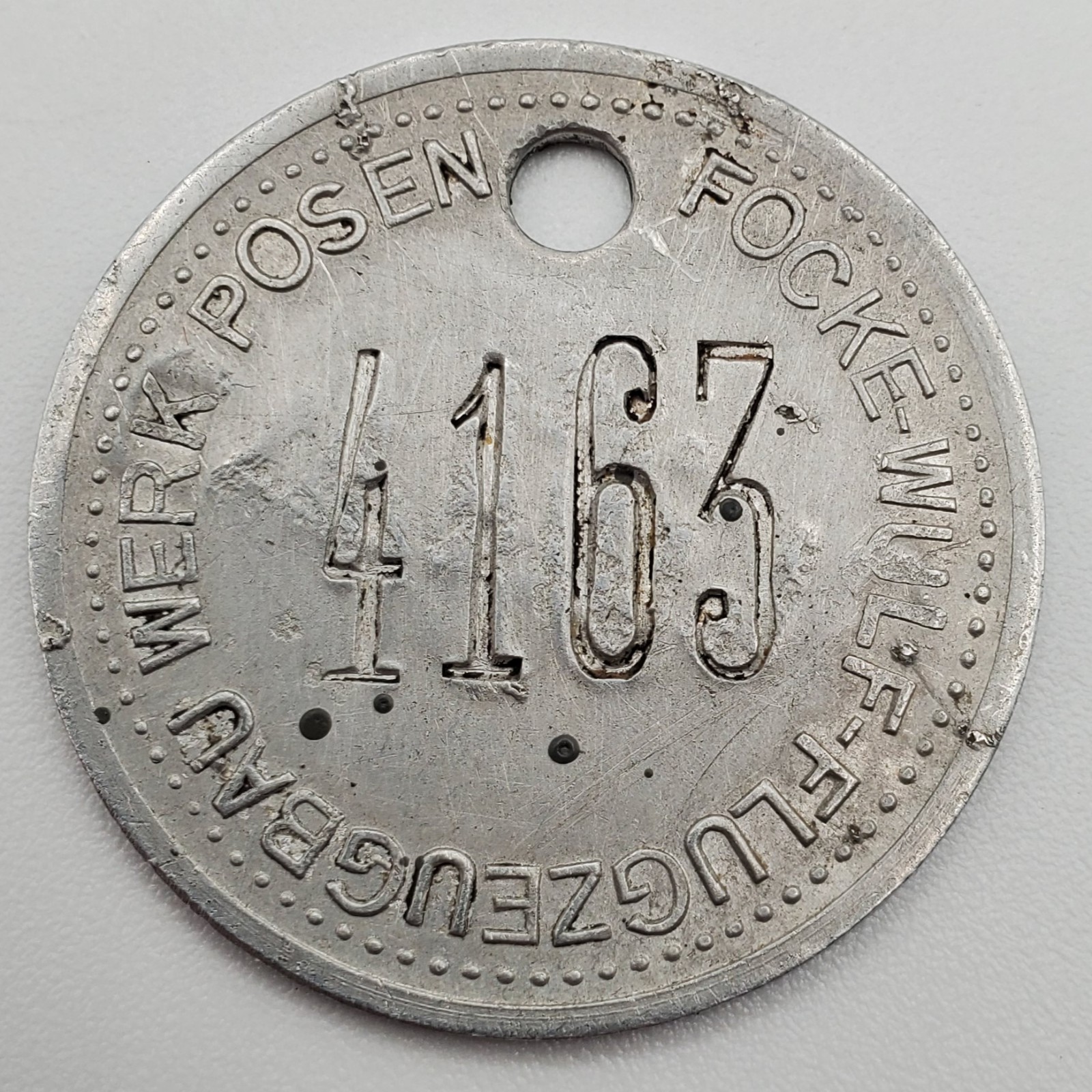 WW2 German Luftwaffe Focke Wulf Werk Posen Factory Token ID Tag 4163 GLUHBAD