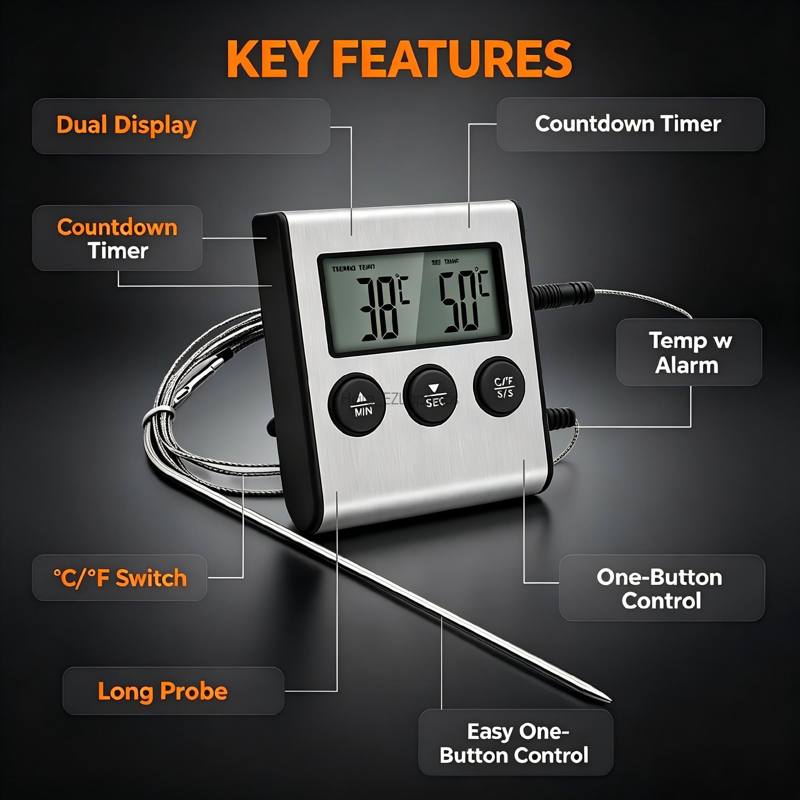 Remote Digital Kitchen Thermometer Timer Probe Meat Food Cooking Tool