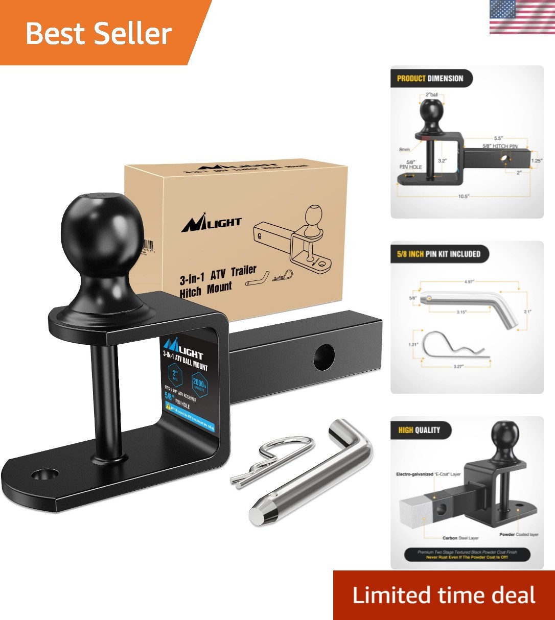 3 in 1 ATV UTV Multi Hitch Mount Fits 1-1/4" Receiver with 2 inch Ball Hitch ...
